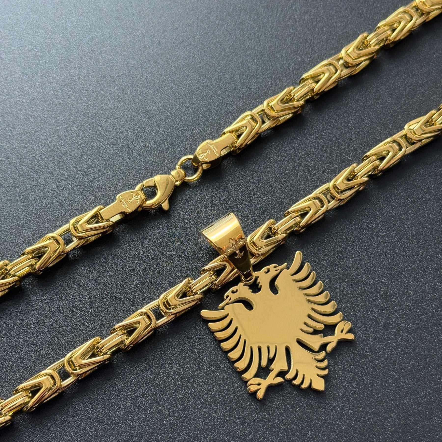 SET - L&T Königskette 5mm breit + Albanian/Shqiptar Adler Anhänger aus Edelstahl zusätzlich 24 Karat Goldschicht vergoldet