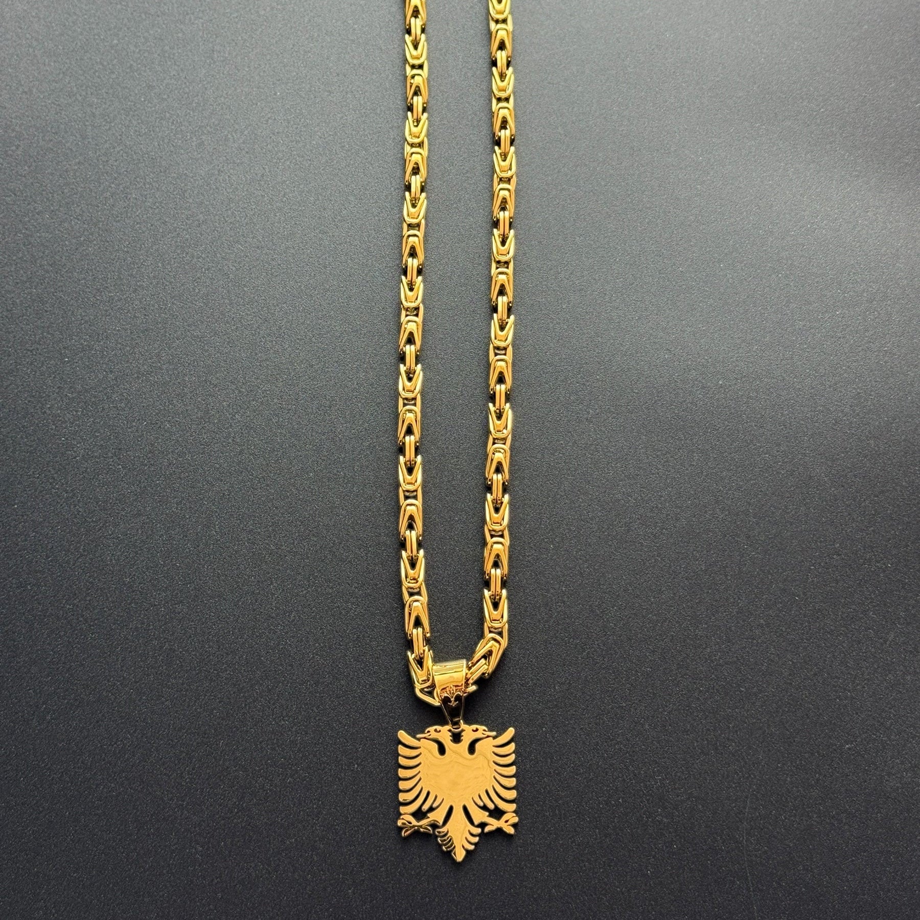 SET - L&T Königskette 5mm breit + Albanian/Shqiptar Adler Anhänger aus Edelstahl zusätzlich 18 Karat Goldschicht vergoldet