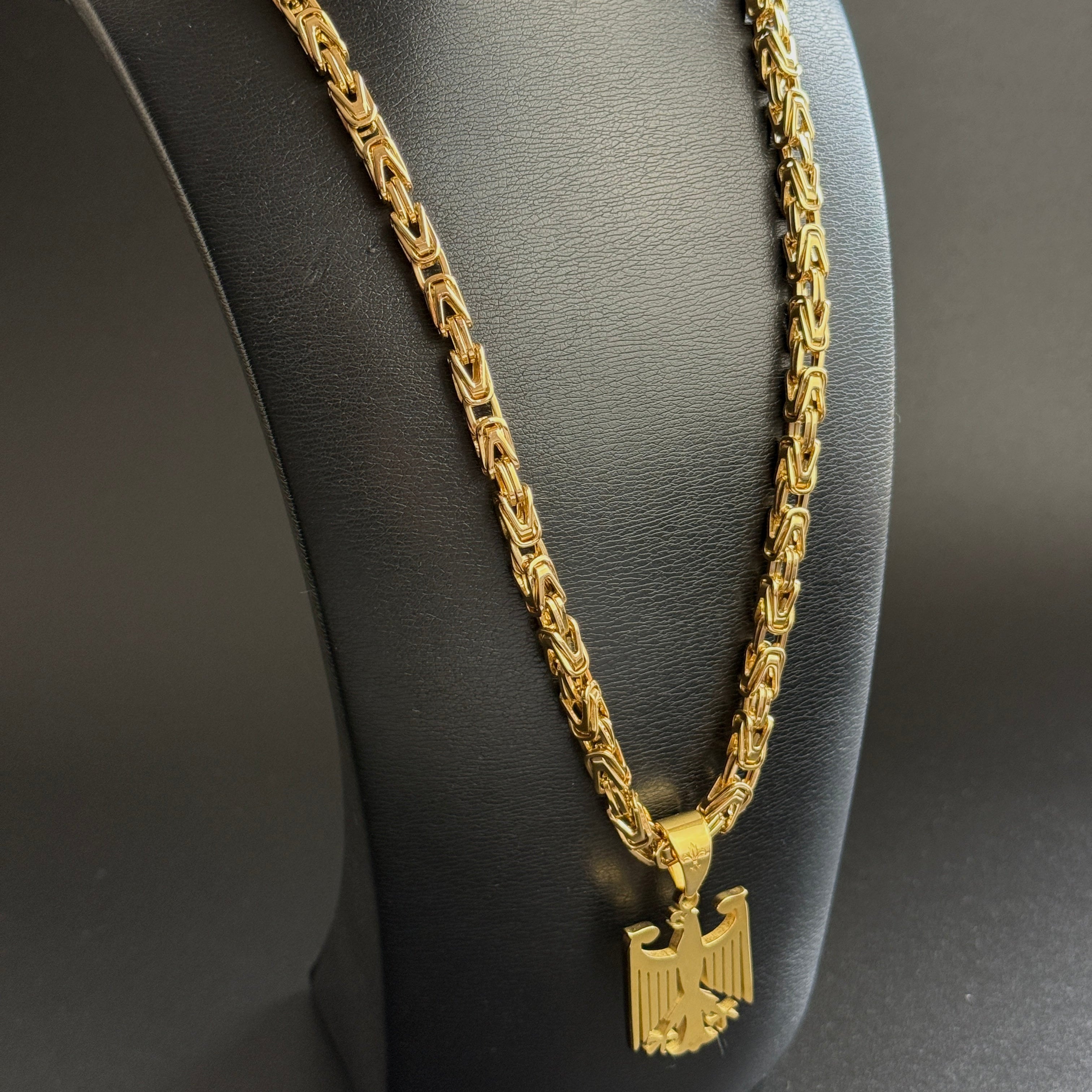 SET - L&T Königskette 5mm breit + Deutschland Adler Anhänger aus Edelstahl zusätzlich 24 Karat Goldschicht vergoldet