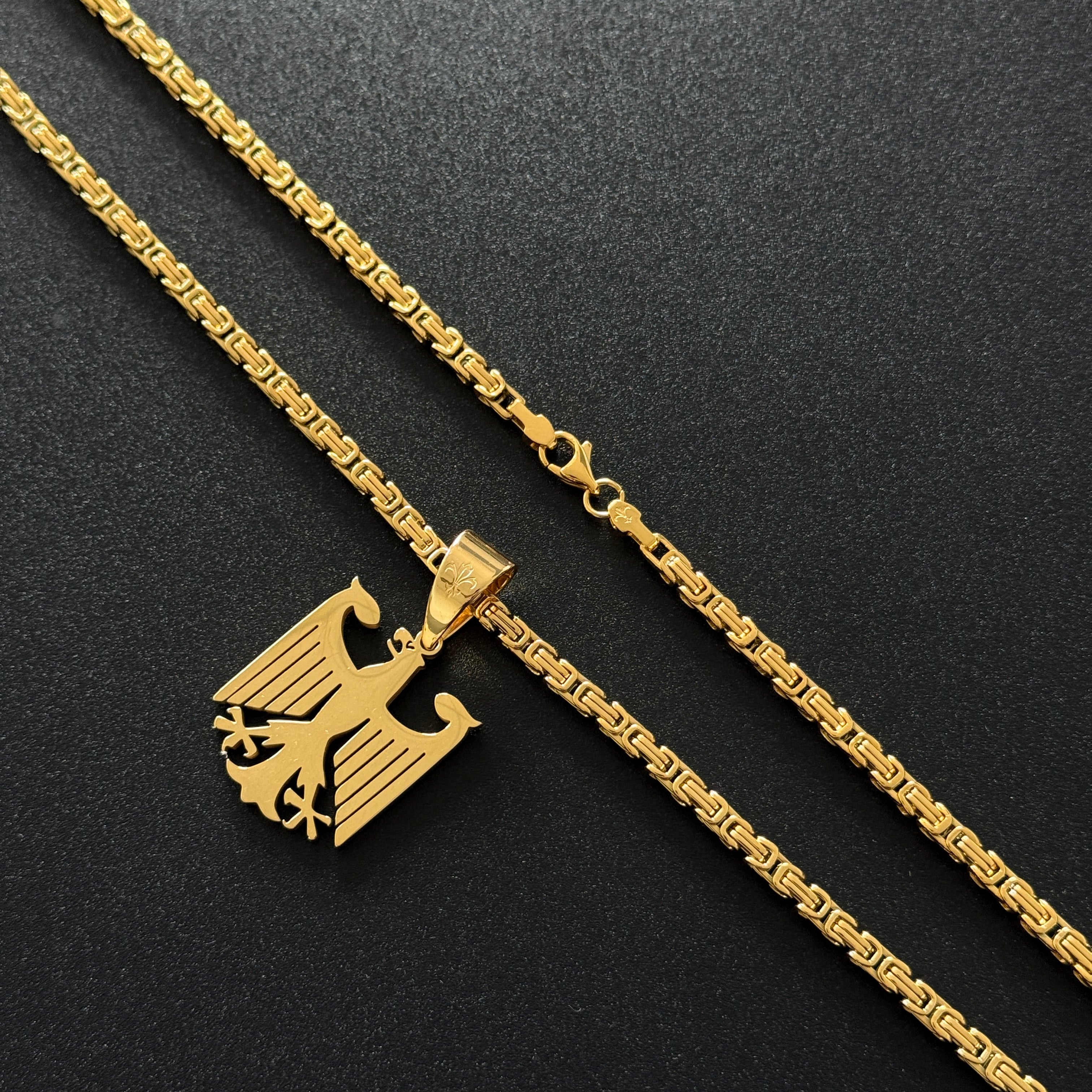 SET - L&T Königskette ANTIQUE 4mm breit + Deutschland Adler Anhänger aus Edelstahl zusätzlich 18 Karat Goldschicht vergoldet