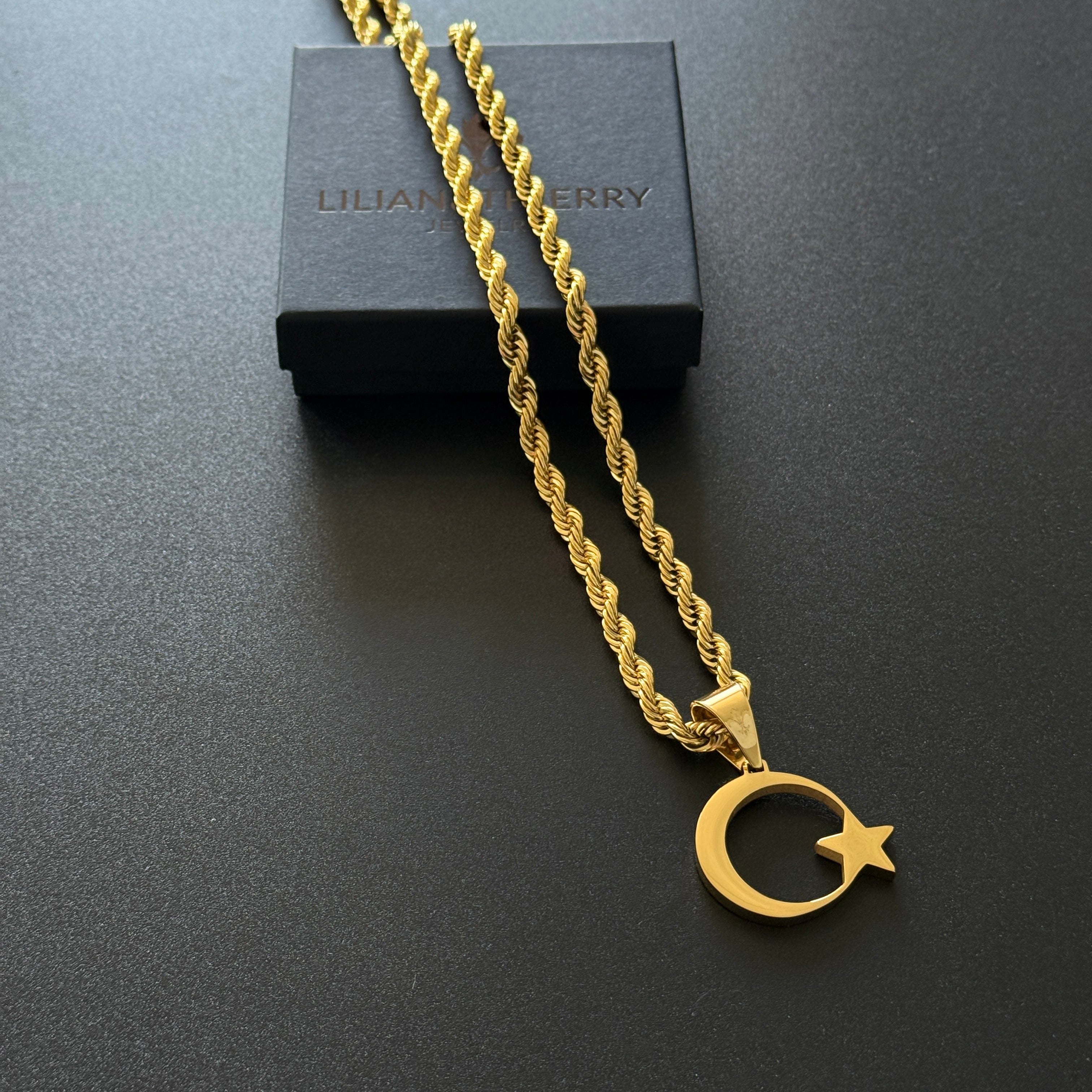 SET - L&T Kordelkette / Rope Chain 6mm breit + Türkiye/Türkei Anhänger aus Edelstahl zusätzlich 18 Karat Goldschicht vergoldet