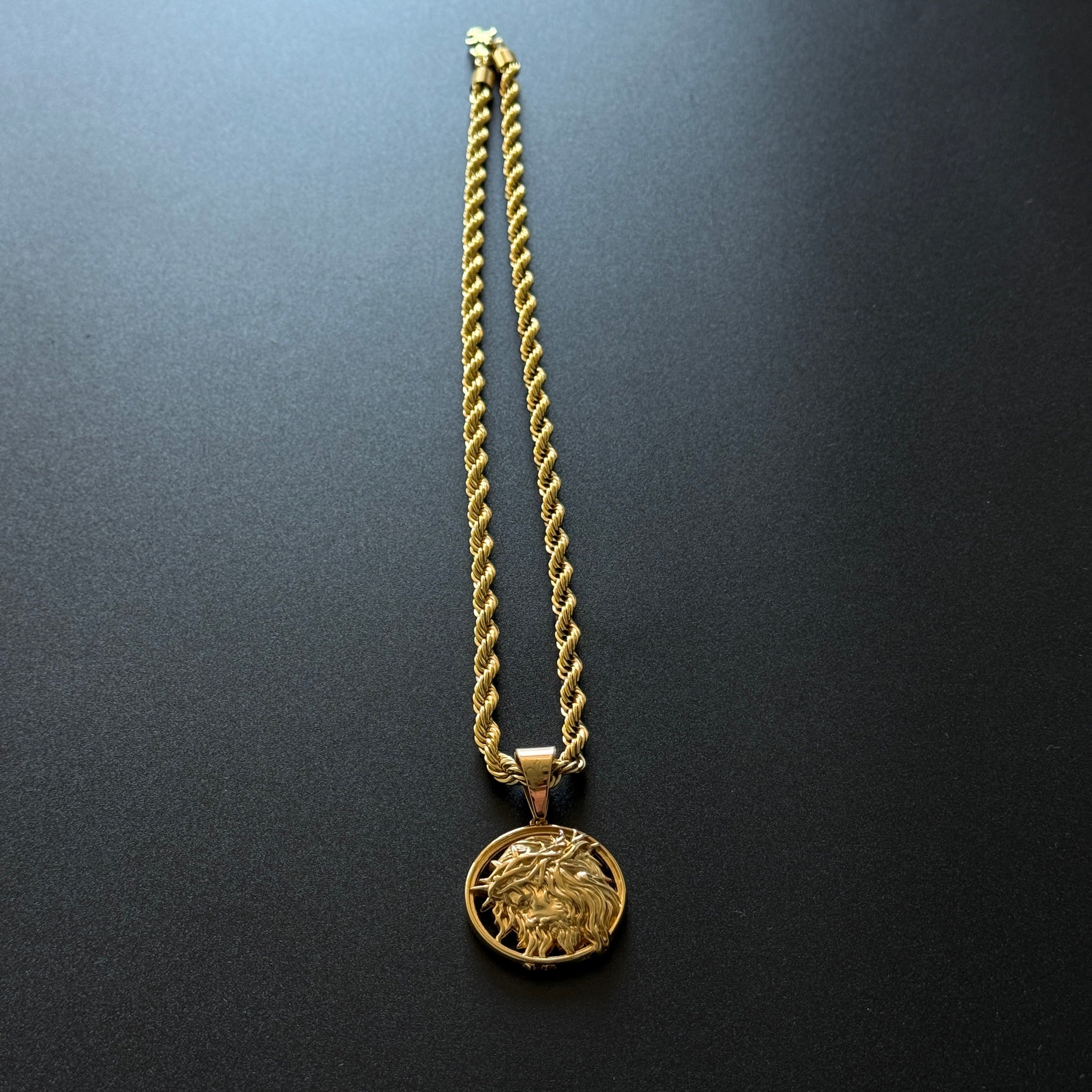 SET - L&T Kordelkette / Rope Chain 6mm breit + Jesus Anhänger aus Edelstahl zusätzlich 18 Karat Goldschicht vergoldet