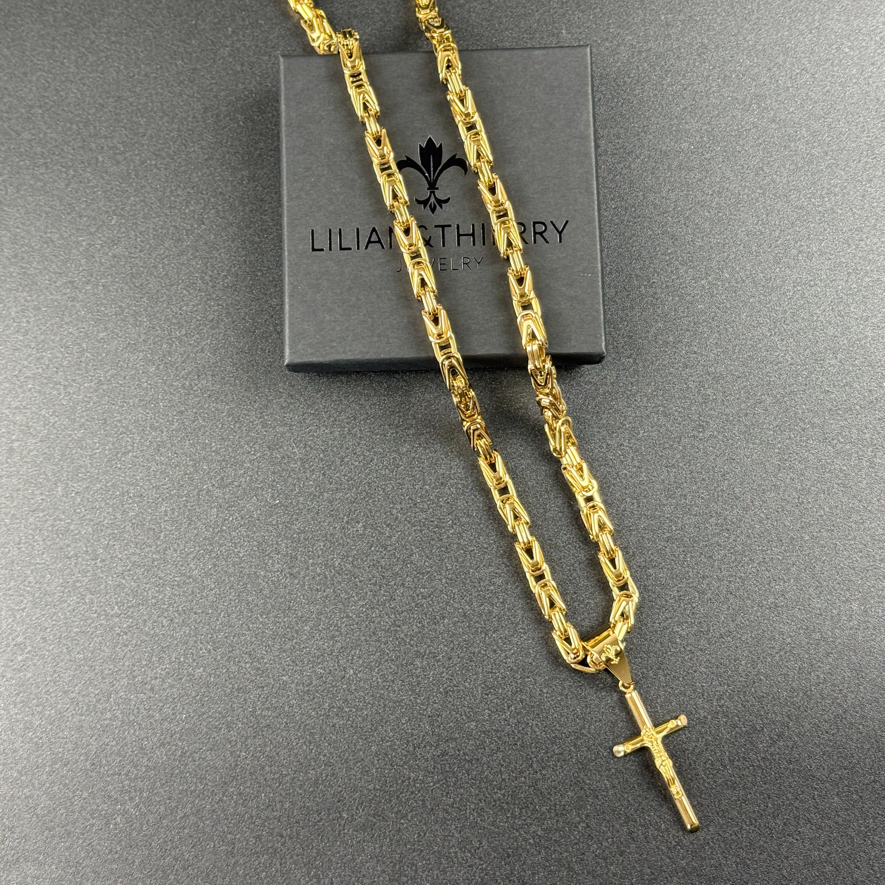 SET - L&T Königskette 5mm breit + Kreuz Anhänger aus Edelstahl zusätzlich 24 Karat Goldschicht vergoldet
