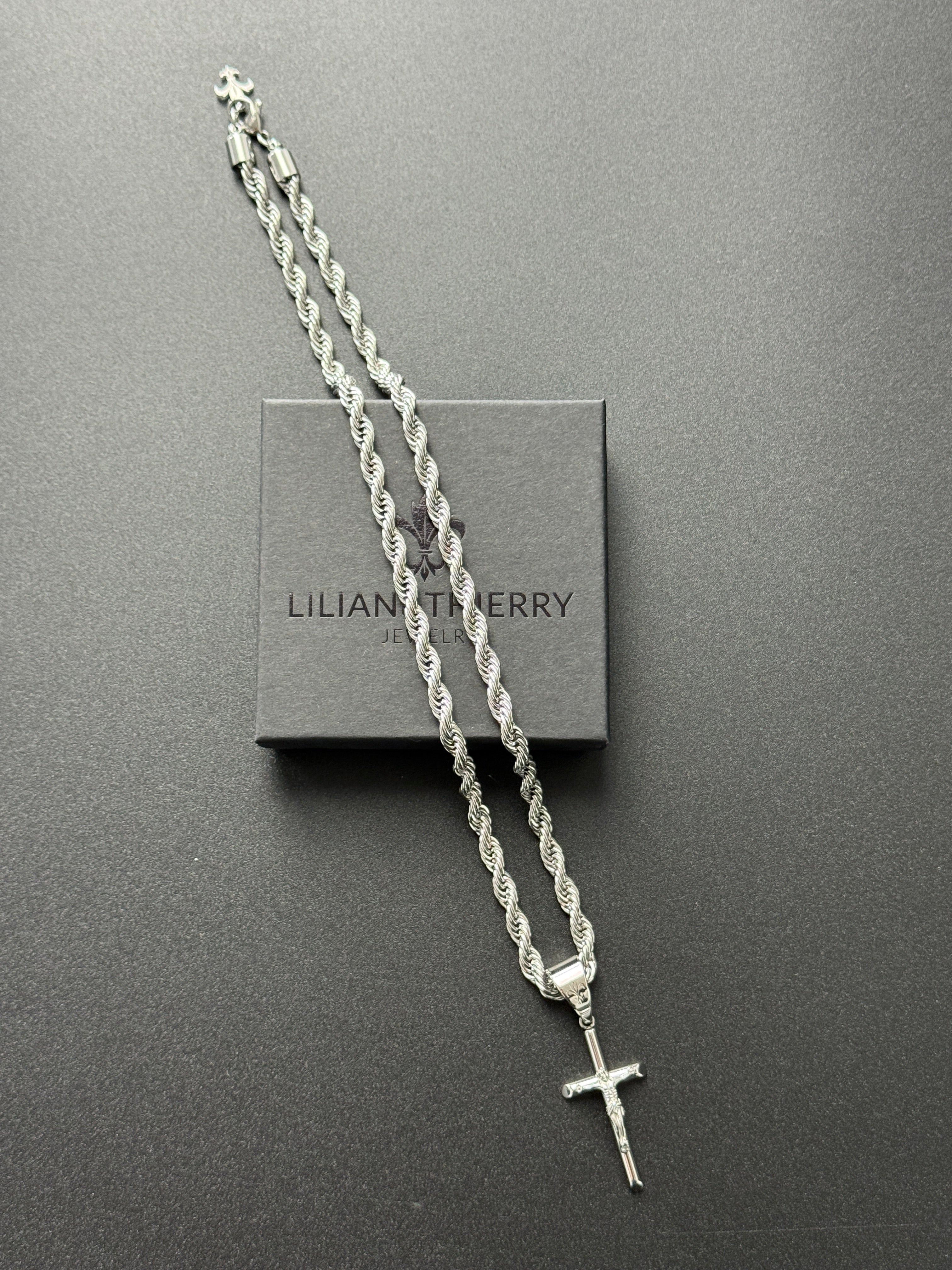 SET - L&T Kordelkette / Rope Chain 6mm breit + Kreuz Anhänger aus Edelstahl