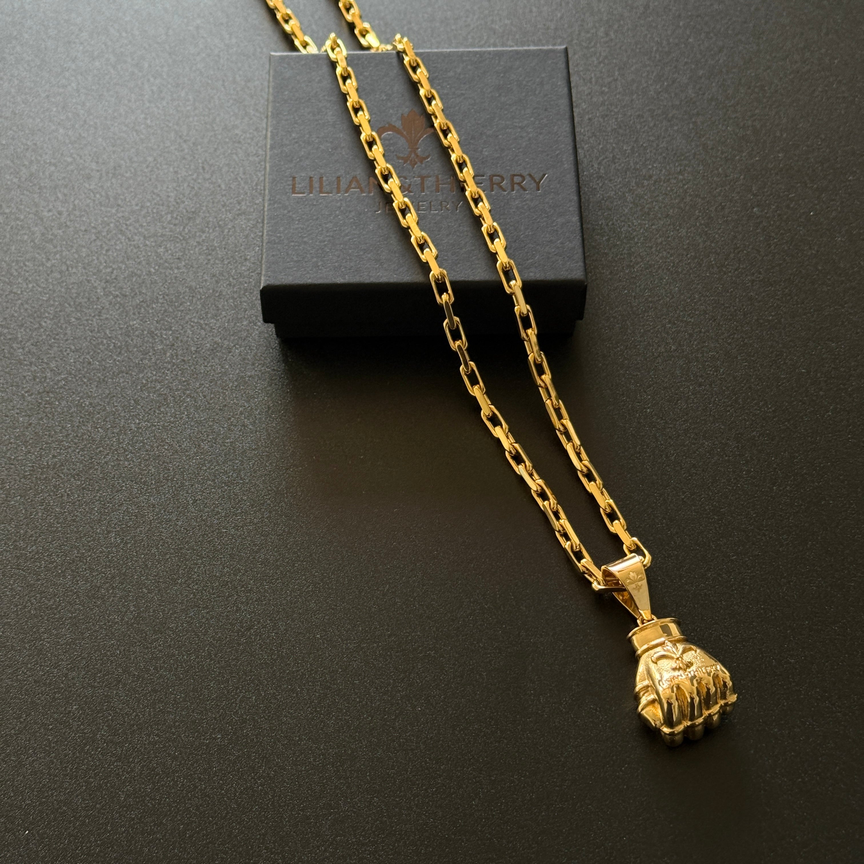 SET - L&T NOBLESSE Halskette 5mm breit + MMA-Handschuh Anhänger Edelstahl zusätzlich 18 Karat Goldschicht vergoldet