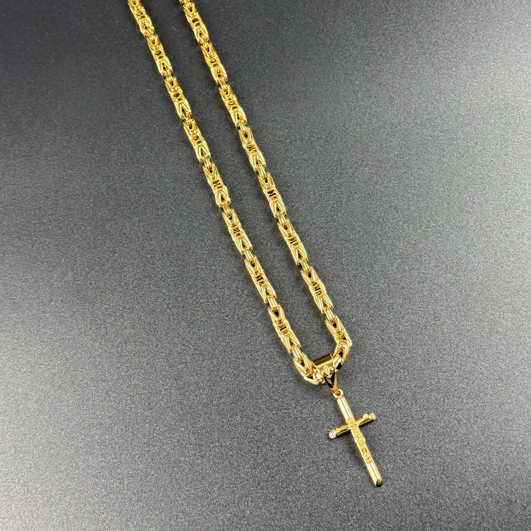 SET - L&T Königskette 5mm breit + Kreuz Anhänger aus Edelstahl zusätzlich 18 Karat Goldschicht vergoldet