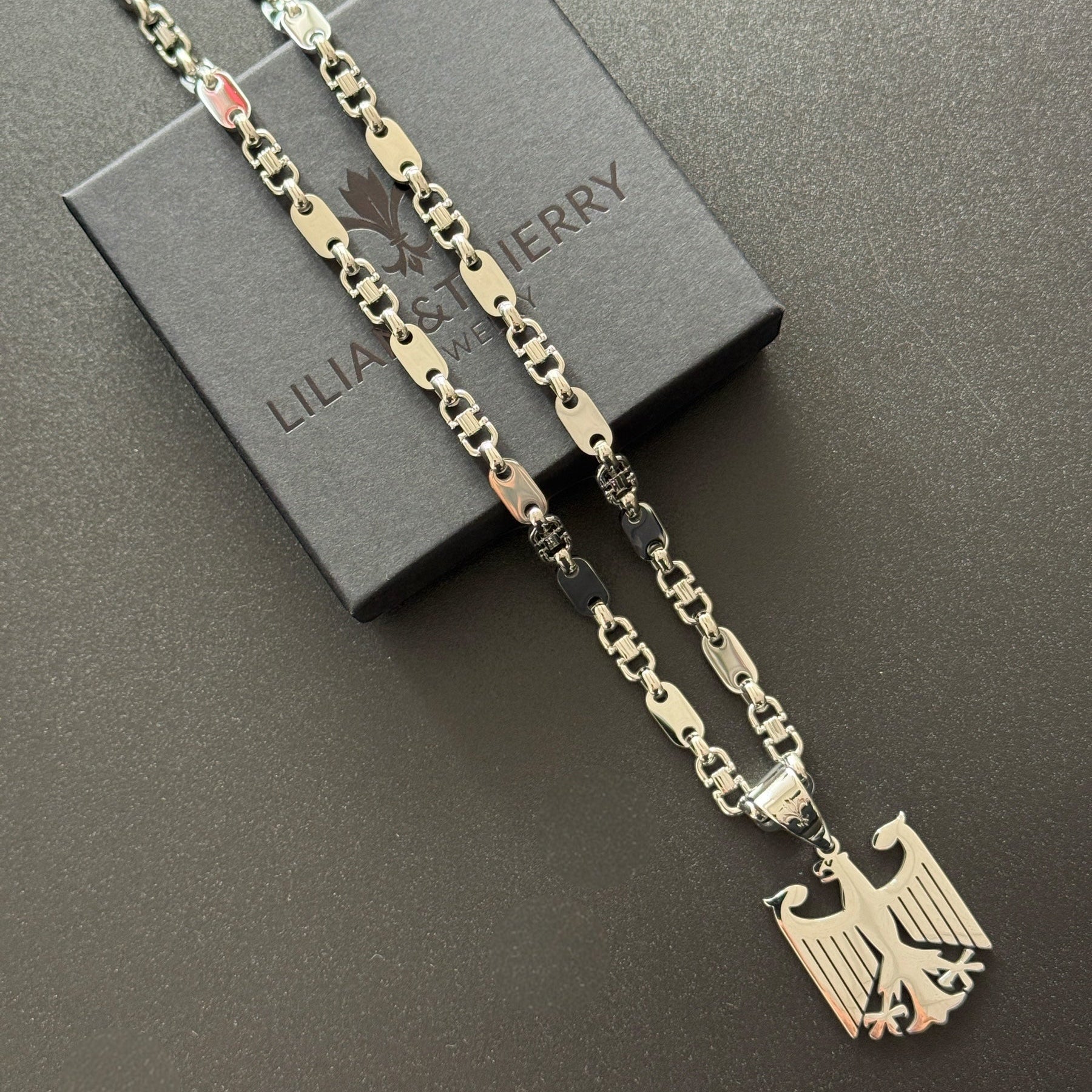 SET - L&T Plattenkette 6mm breit + Deutschland Adler Anhänger aus Edelstahl