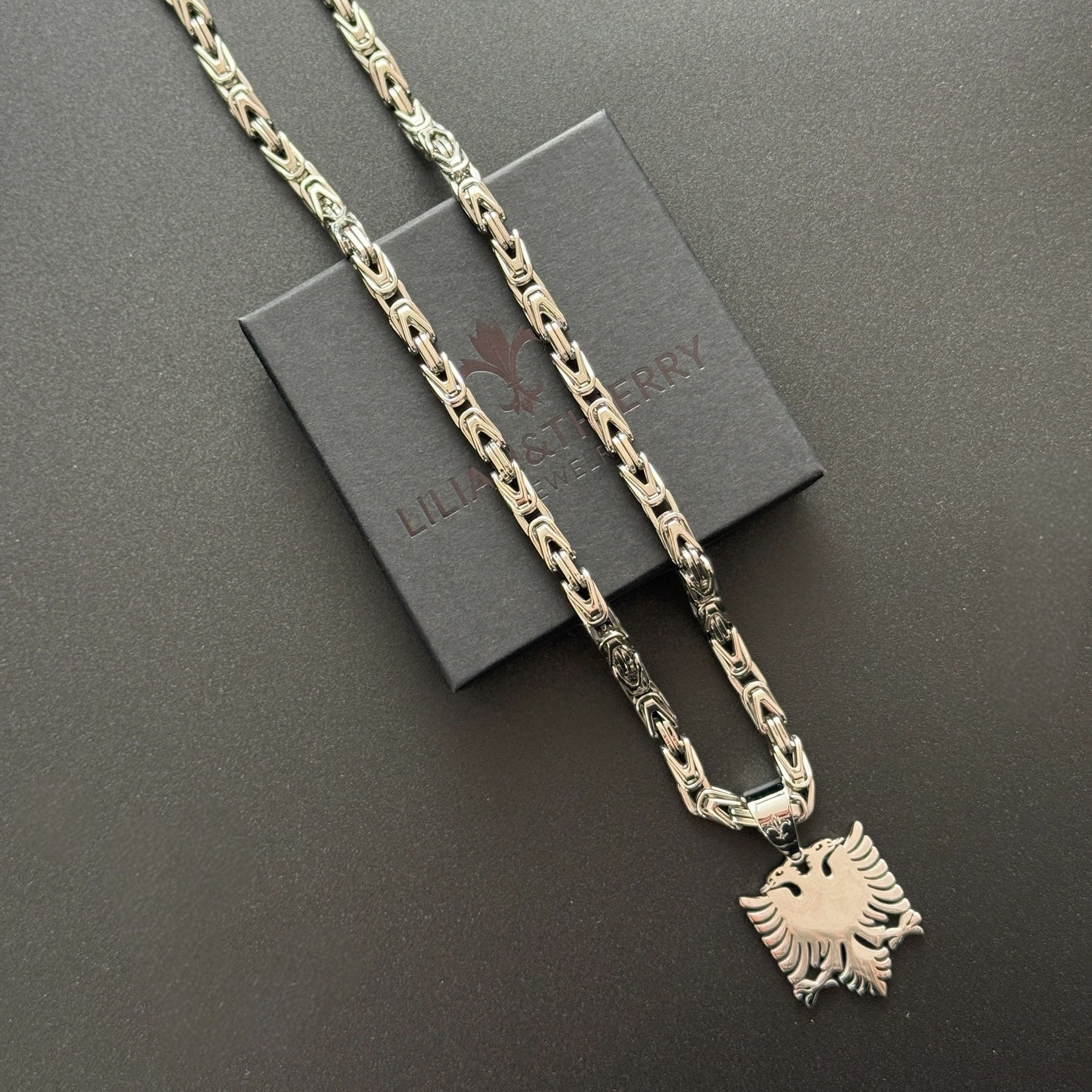 SET - L&T Königskette 5mm breit + Albanian/Shqiptar Adler Anhänger aus Edelstahl