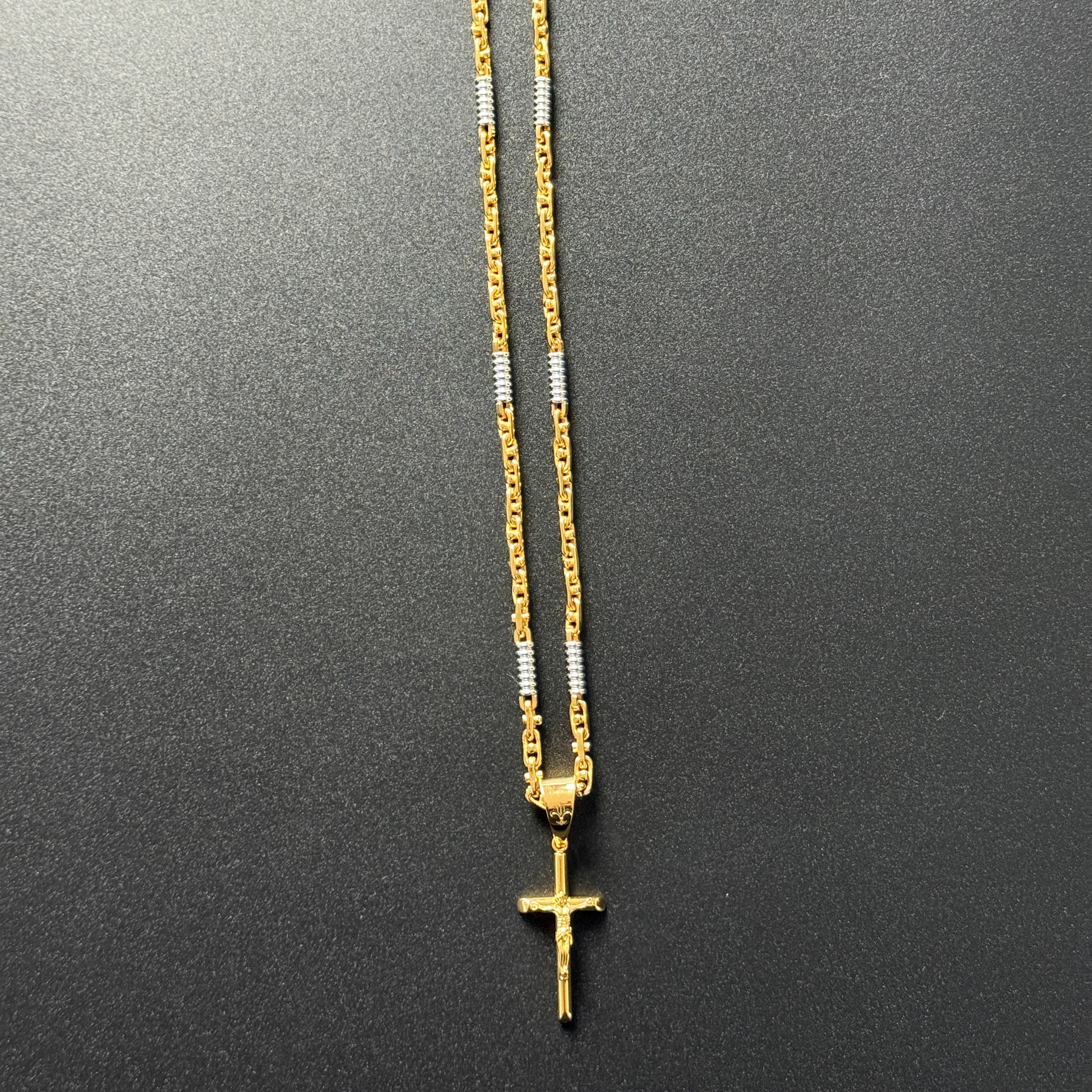 SET - L&T Monte Carlo Kette Bi-Color 5mm breit aus Edelstahl + Kreuz Anhänger aus Edelstahl zusätzlich 24 Karat Goldschicht vergoldet