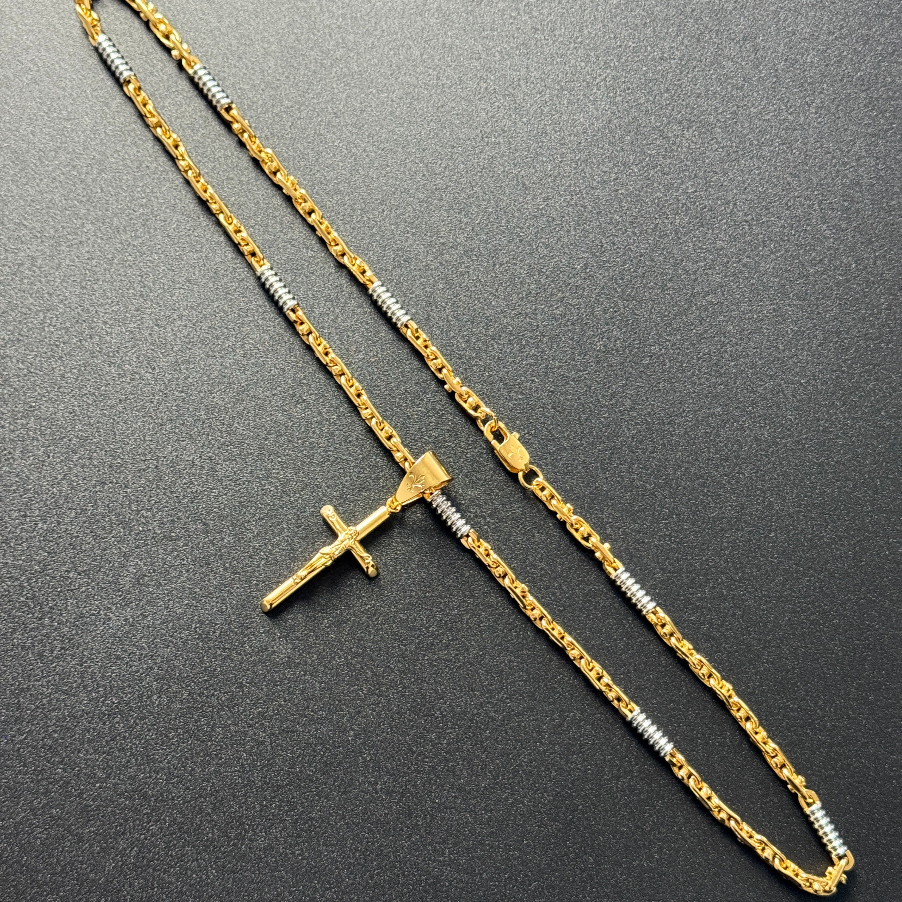 SET - L&T Monte Carlo Kette Bi-Color 5mm breit aus Edelstahl + Kreuz Anhänger aus Edelstahl zusätzlich 18 Karat Goldschicht vergoldet