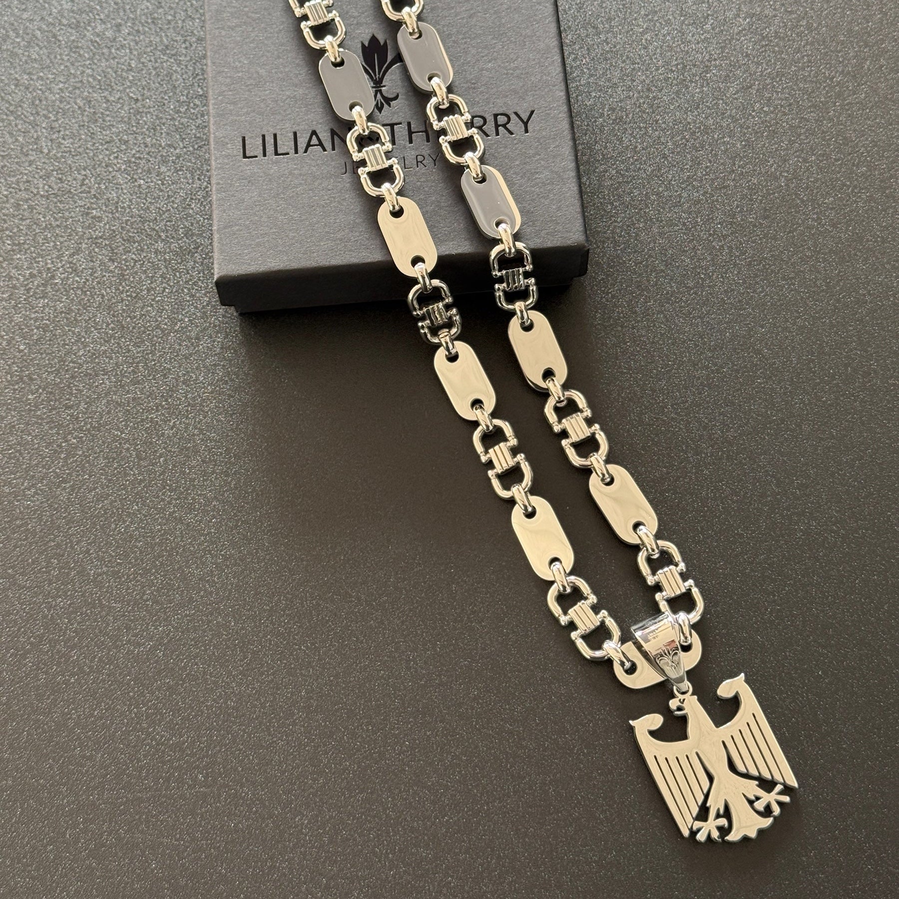 SET - L&T Plattenkette 10mm breit + Deutschland Adler Anhänger aus Edelstahl