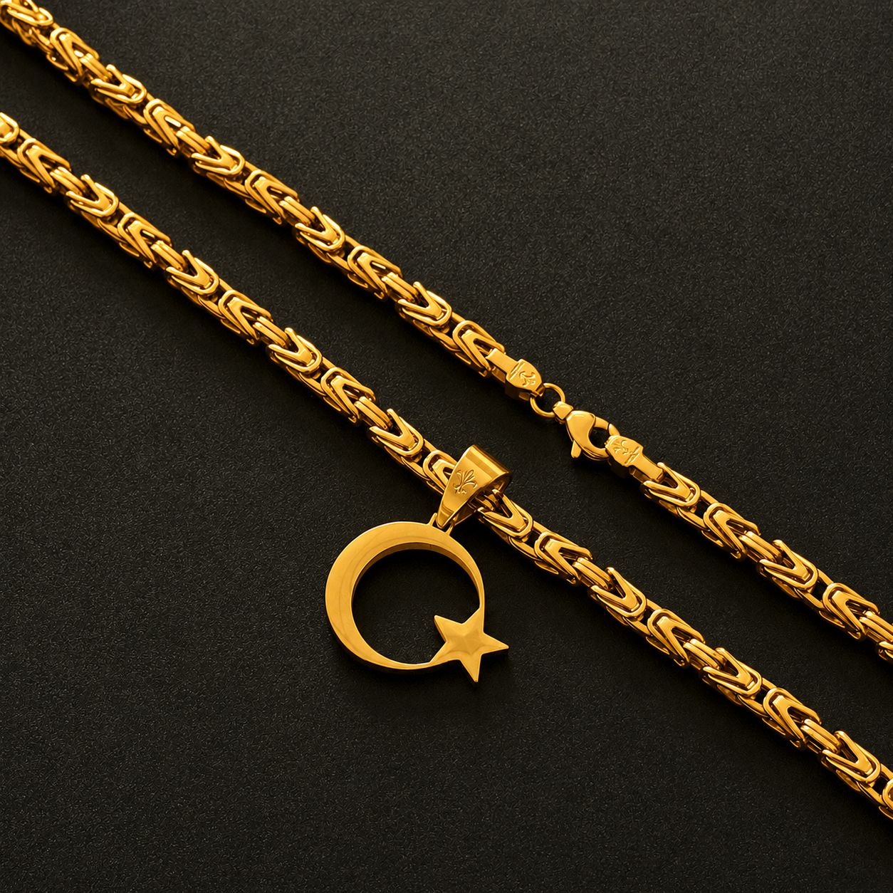 SET - L&T Königskette 5mm breit + Türkiye/Türkei Anhänger aus Edelstahl zusätzlich 24 Karat Goldschicht vergoldet