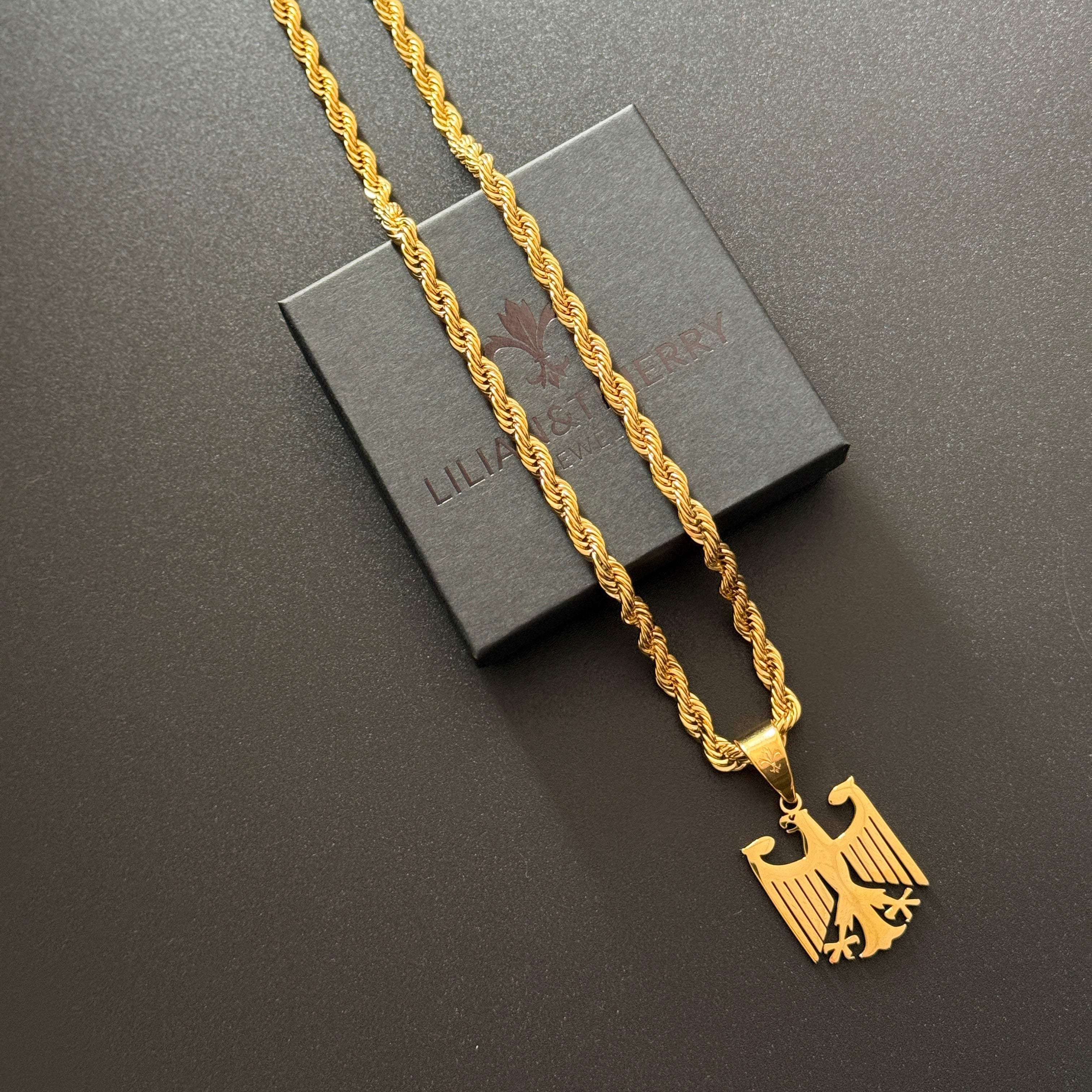 SET - L&T Kordelkette / Rope Chain 6mm breit + Deutschland Adler Anhänger aus Edelstahl zusätzlich 24 Karat Goldschicht vergoldet