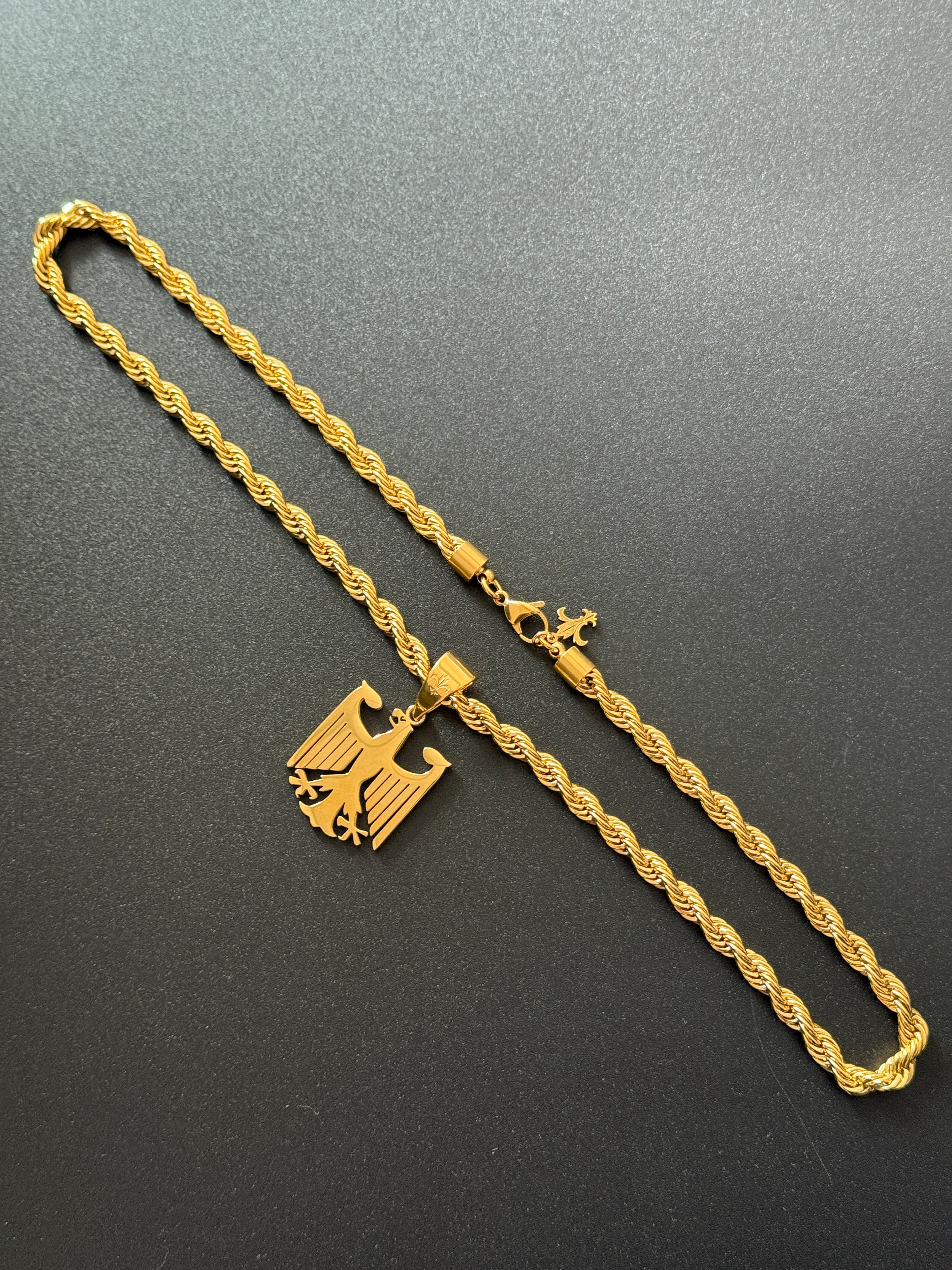 SET - L&T Kordelkette / Rope Chain 6mm breit + Deutschland Adler Anhänger aus Edelstahl zusätzlich 24 Karat Goldschicht vergoldet