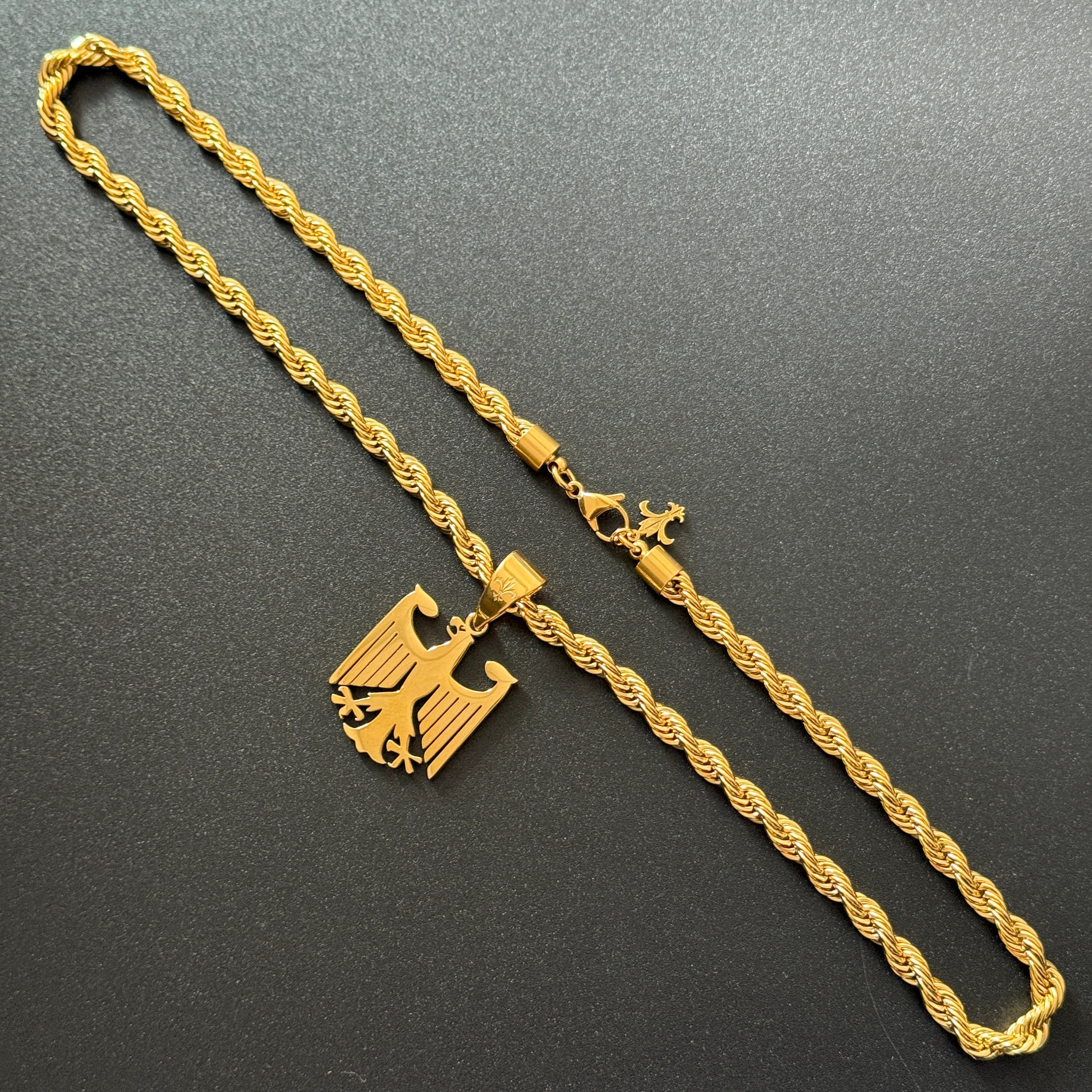 SET - L&T Kordelkette / Rope Chain 6mm breit + Deutschland Adler Anhänger aus Edelstahl zusätzlich 18 Karat Goldschicht vergoldet