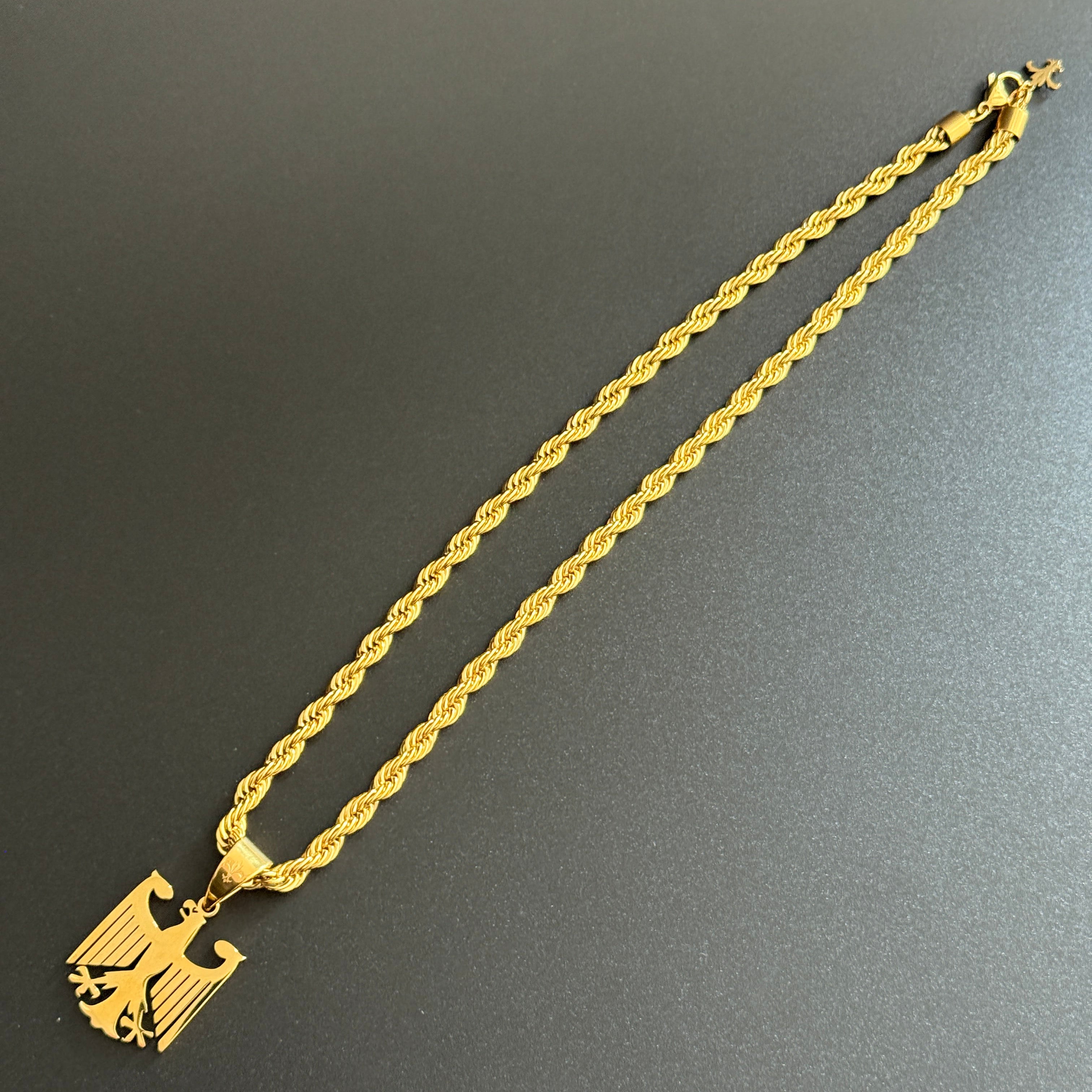 SET - L&T Kordelkette / Rope Chain 6mm breit + Deutschland Adler Anhänger aus Edelstahl zusätzlich 18 Karat Goldschicht vergoldet