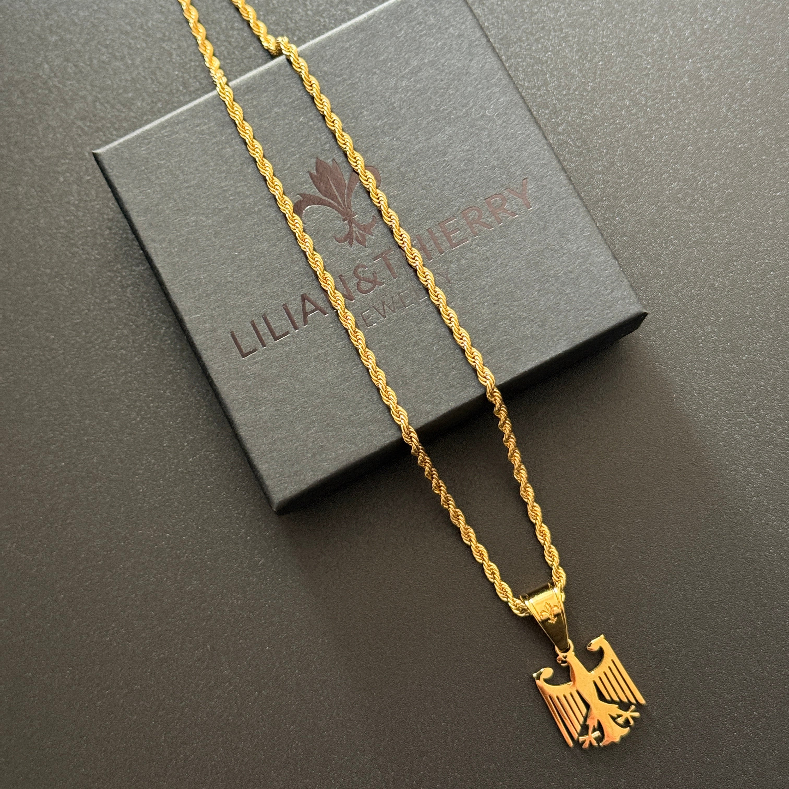 SET - L&T Kordelkette / Rope Chain 3mm breit + Deutschland Adler Anhänger klein aus Edelstahl zusätzlich 24 Karat Goldschicht vergoldet