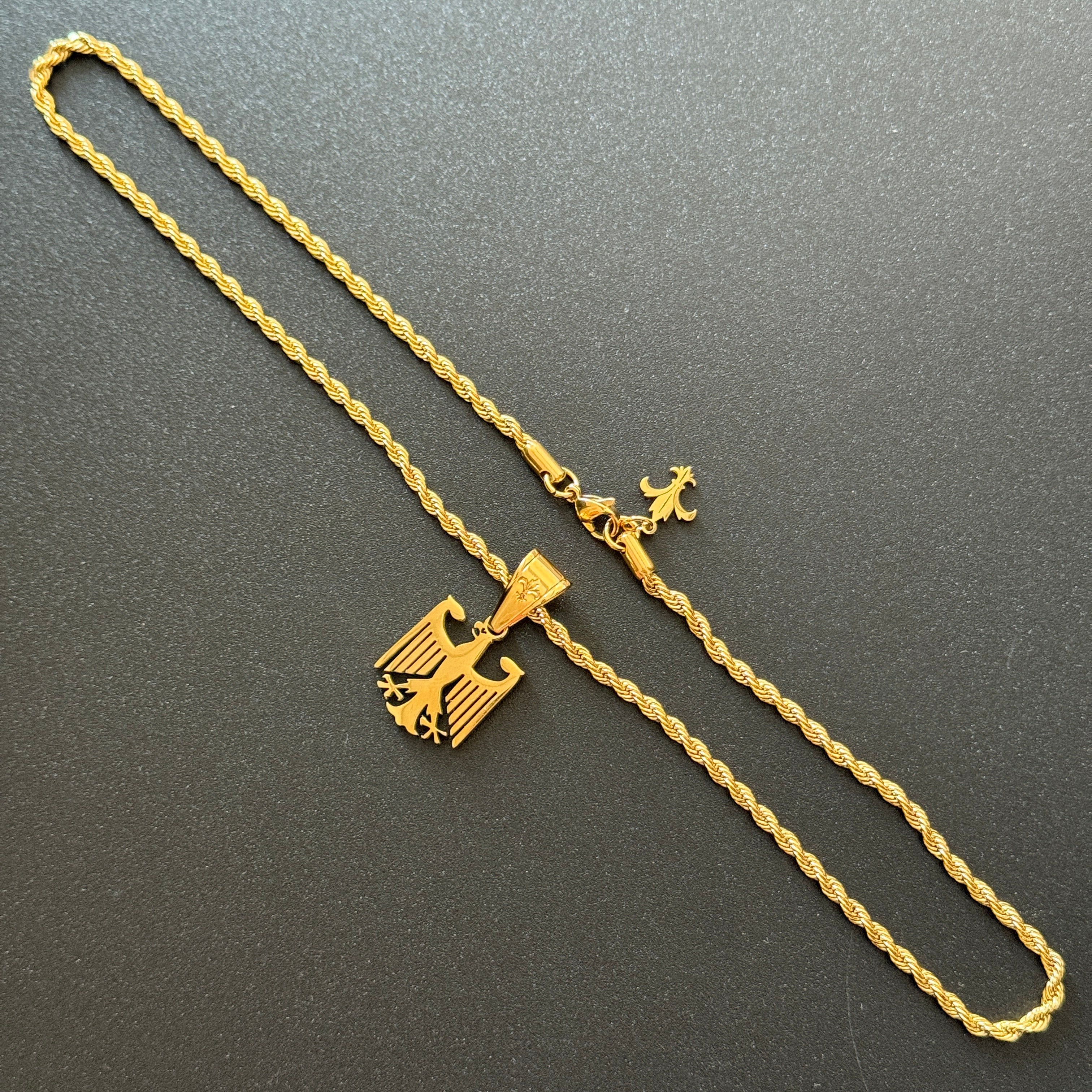SET - L&T Kordelkette / Rope Chain 3mm breit + Deutschland Adler Anhänger klein aus Edelstahl zusätzlich 18 Karat Goldschicht vergoldet