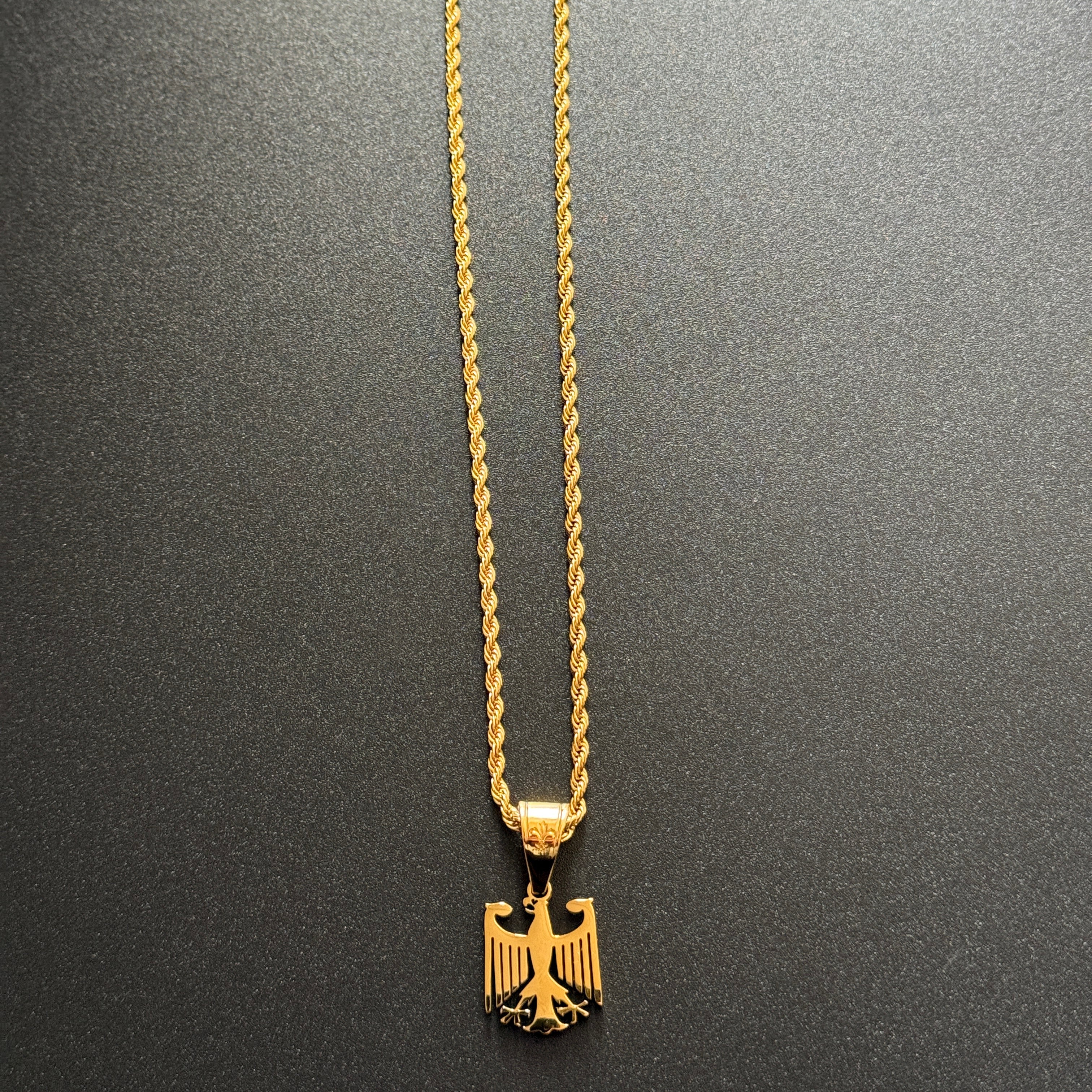 SET - L&T Kordelkette / Rope Chain 3mm breit + Deutschland Adler Anhänger klein aus Edelstahl zusätzlich 18 Karat Goldschicht vergoldet