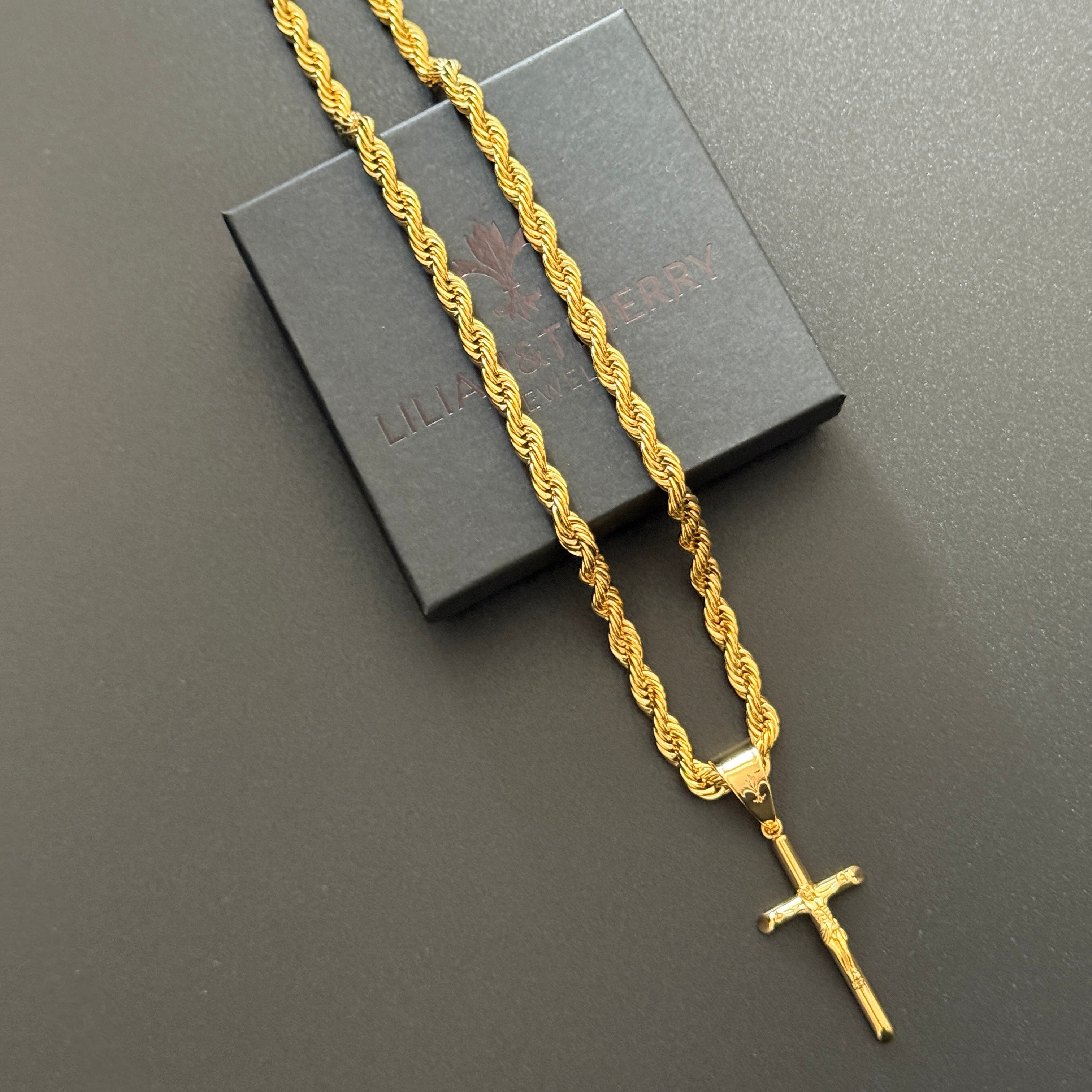 SET - L&T Kordelkette / Rope Chain 6mm breit + Kreuz Anhänger aus Edelstahl zusätzlich 24 Karat Goldschicht vergoldet