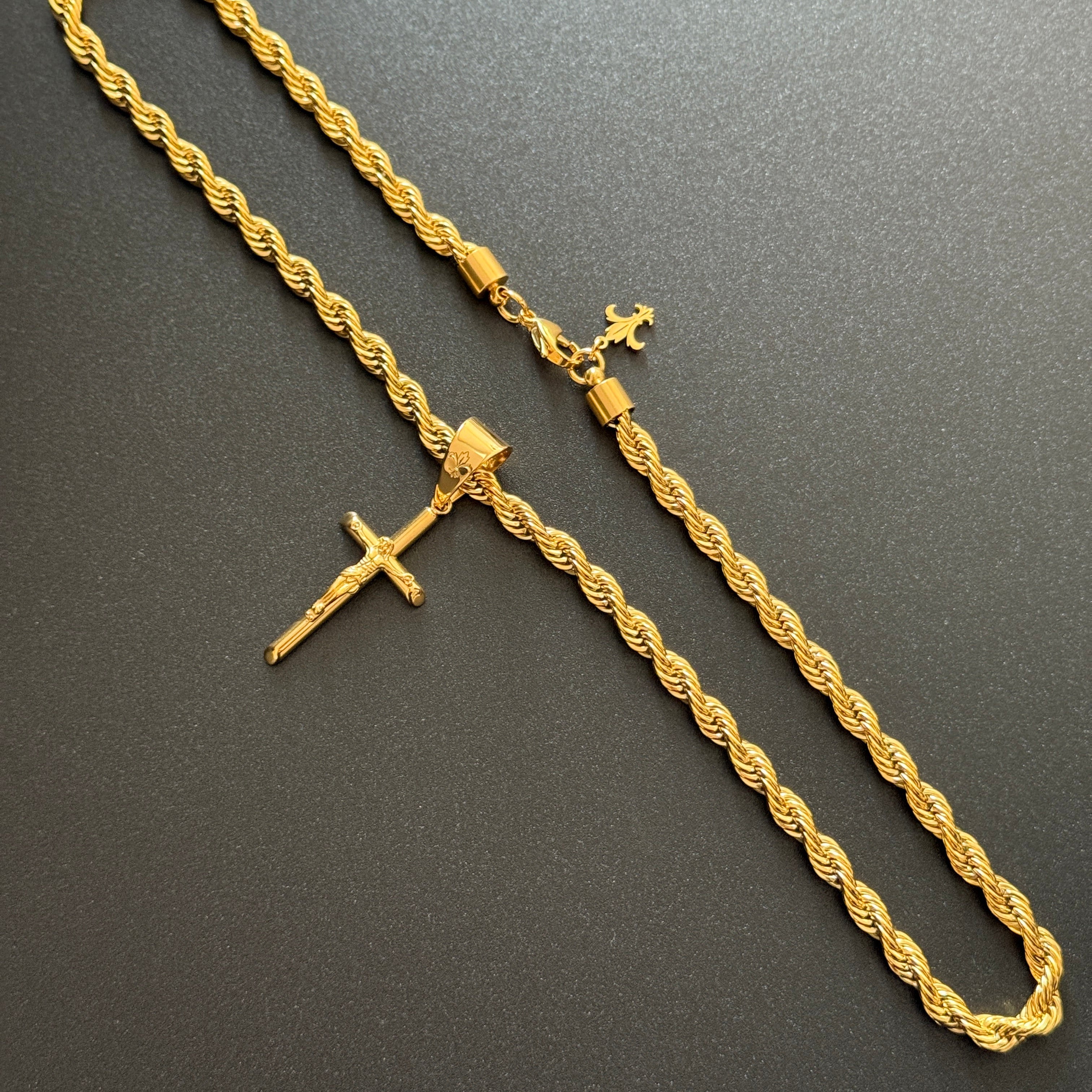 SET - L&T Kordelkette / Rope Chain 6mm breit + Kreuz Anhänger aus Edelstahl zusätzlich 24 Karat Goldschicht vergoldet