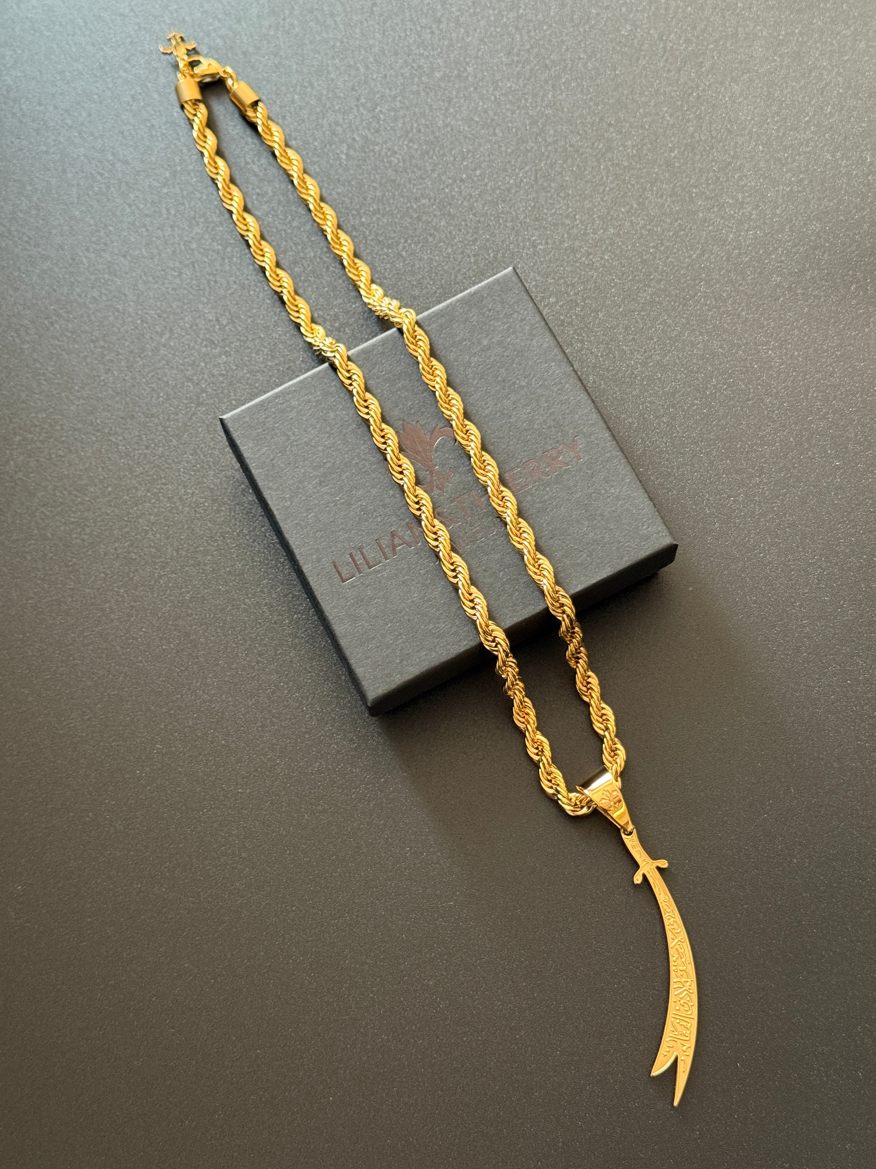 SET - L&T Kordelkette / Rope Chain 6mm breit + Zülfikar Anhänger aus Edelstahl zusätzlich 24 Karat Goldschicht vergoldet