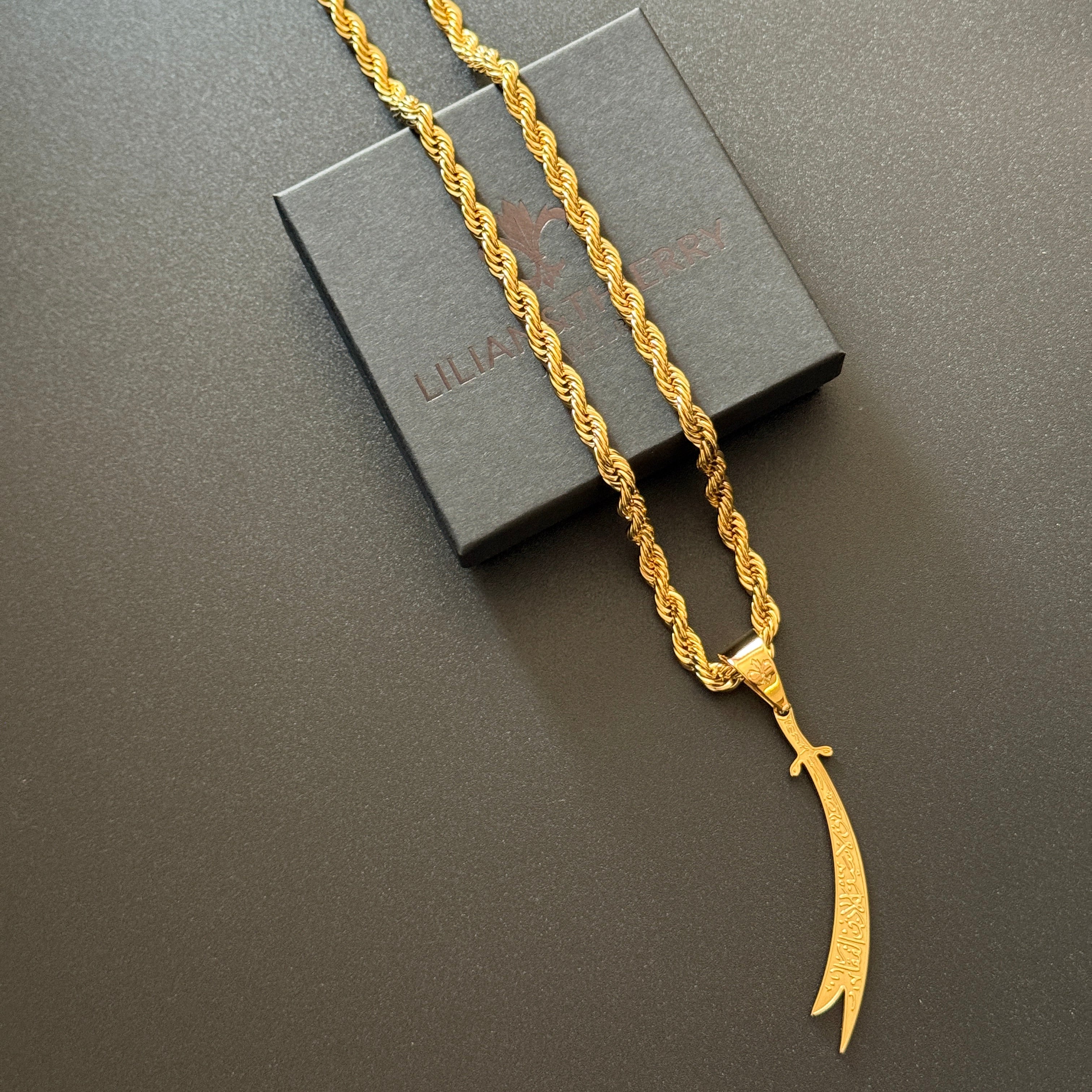 SET - L&T Kordelkette / Rope Chain 6mm breit + Zülfikar Anhänger aus Edelstahl zusätzlich 24 Karat Goldschicht vergoldet