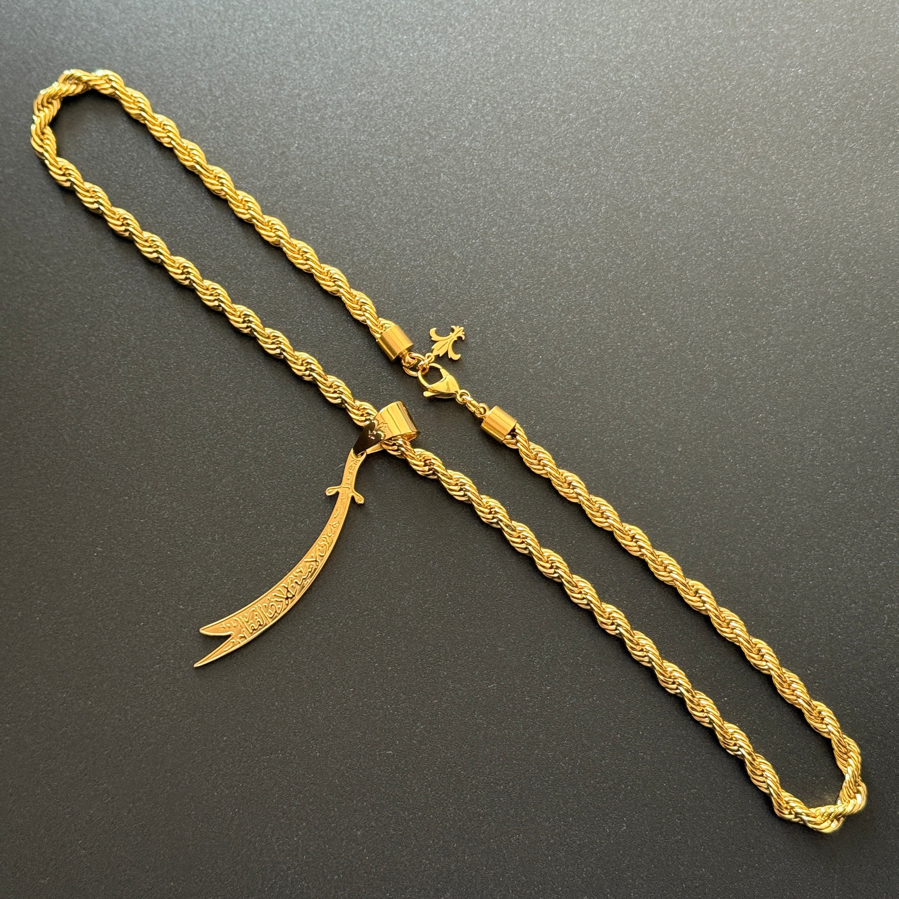SET - L&T Kordelkette / Rope Chain 6mm breit + Zülfikar Anhänger aus Edelstahl zusätzlich 24 Karat Goldschicht vergoldet