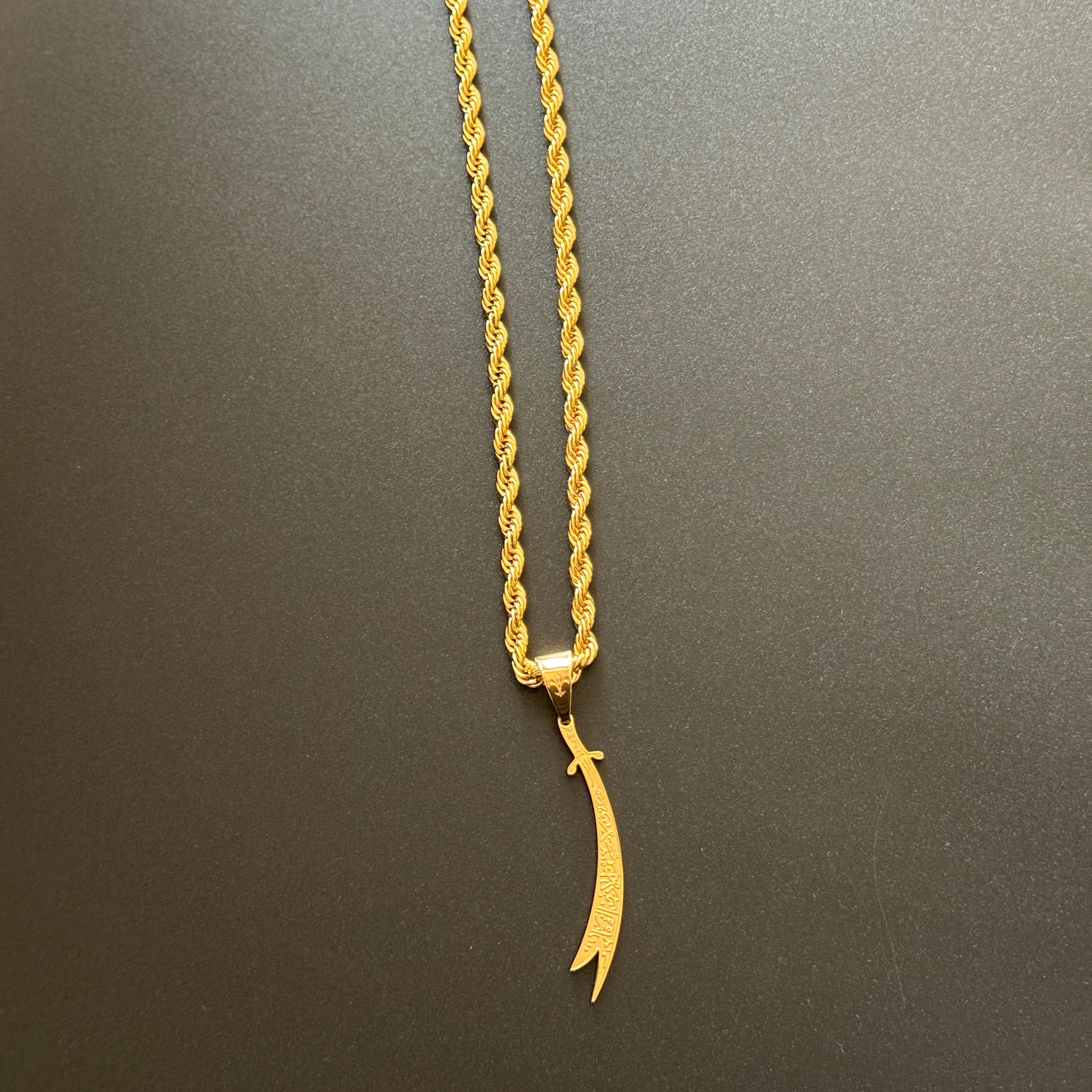 SET - L&T Kordelkette / Rope Chain 6mm breit + Zülfikar Anhänger aus Edelstahl zusätzlich 18 Karat Goldschicht vergoldet
