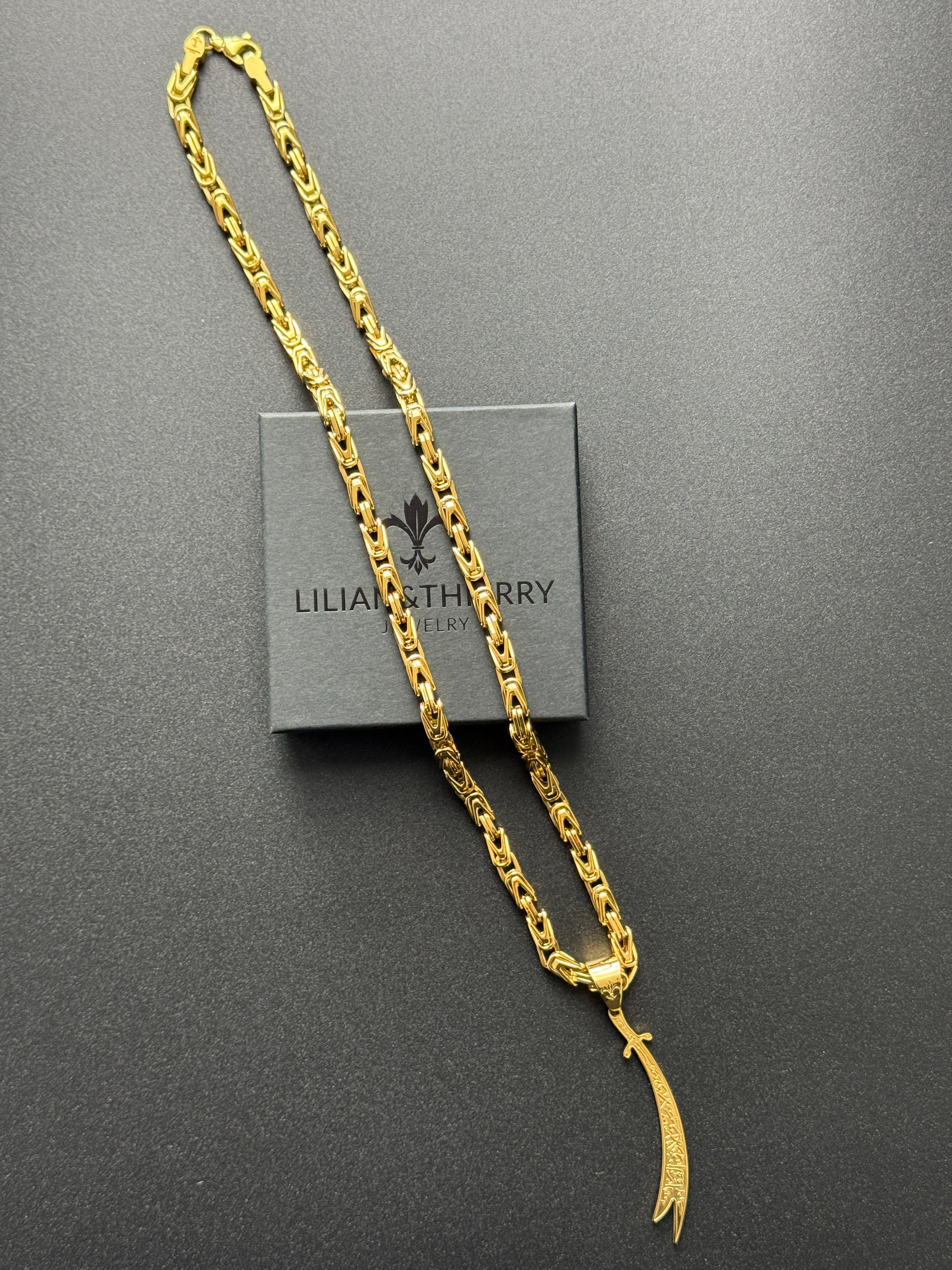 SET - L&T Königskette 5mm breit + Zülfikar Anhänger aus Edelstahl zusätzlich 24 Karat Goldschicht vergoldet