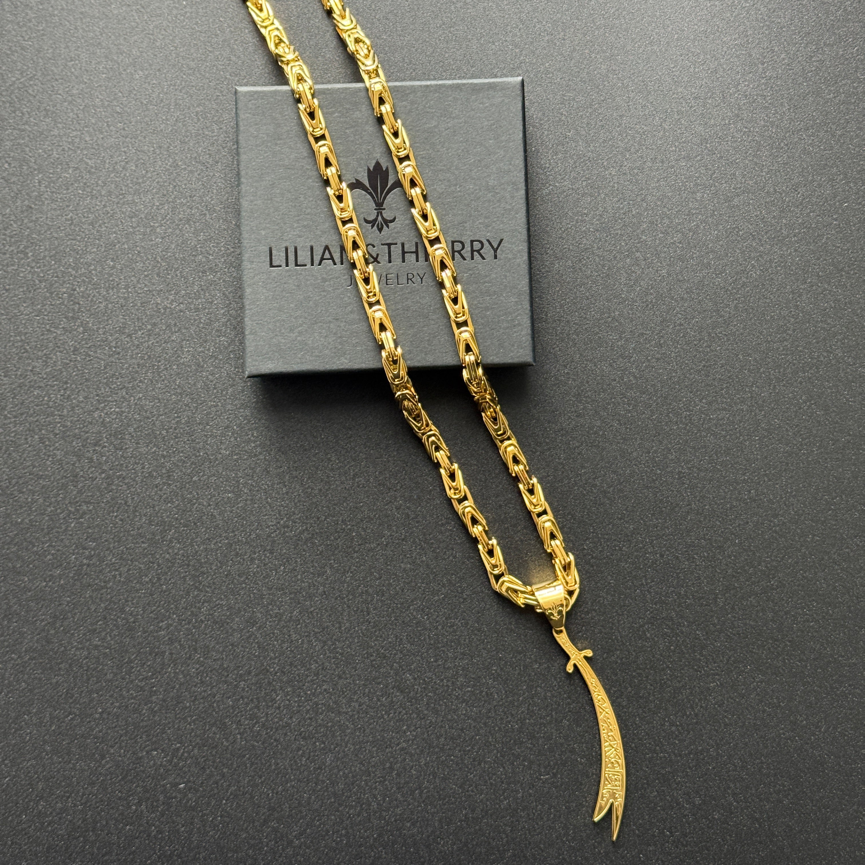 SET - L&T Königskette 5mm breit + Zülfikar Anhänger aus Edelstahl zusätzlich 24 Karat Goldschicht vergoldet