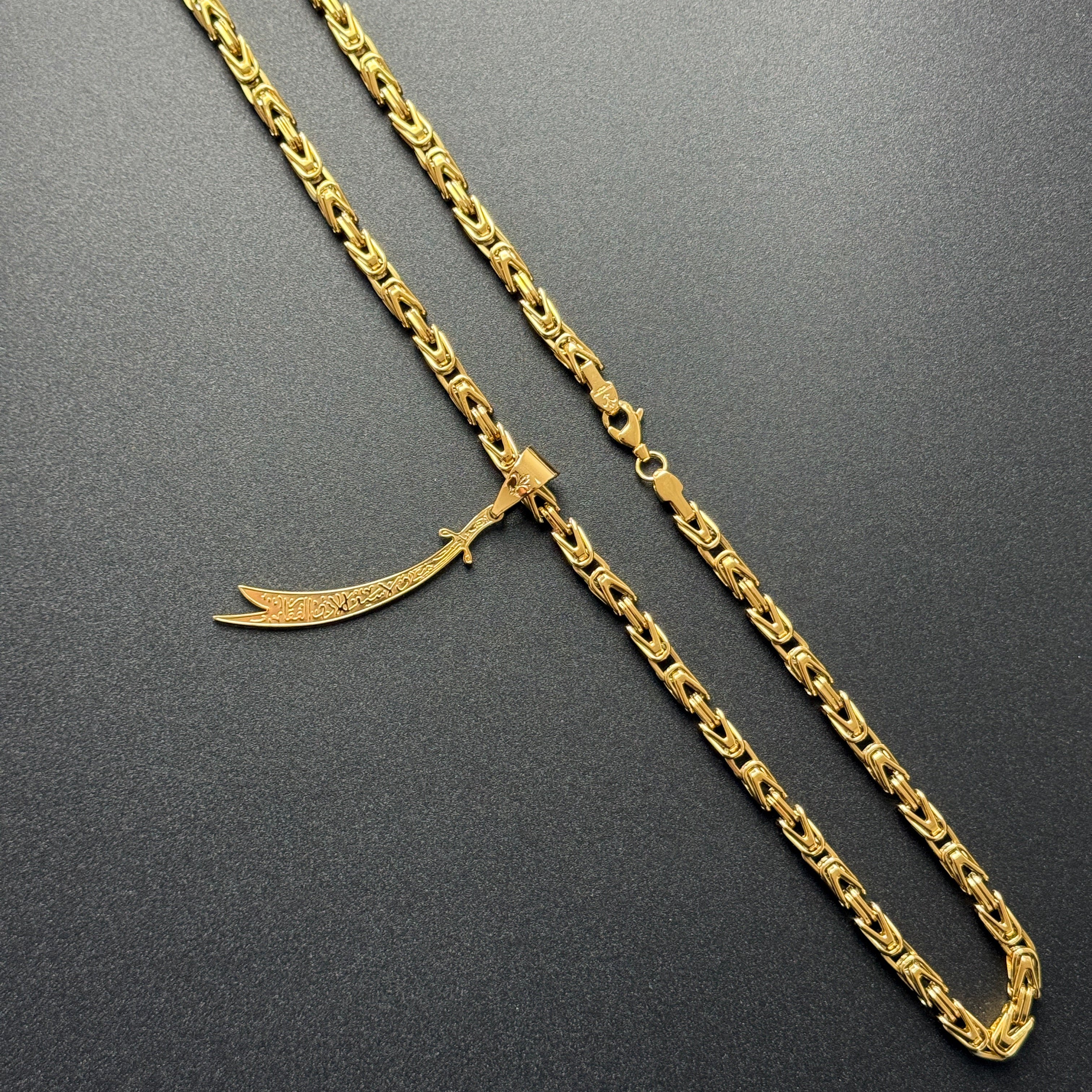 SET - L&T Königskette 5mm breit + Zülfikar Anhänger aus Edelstahl zusätzlich 24 Karat Goldschicht vergoldet
