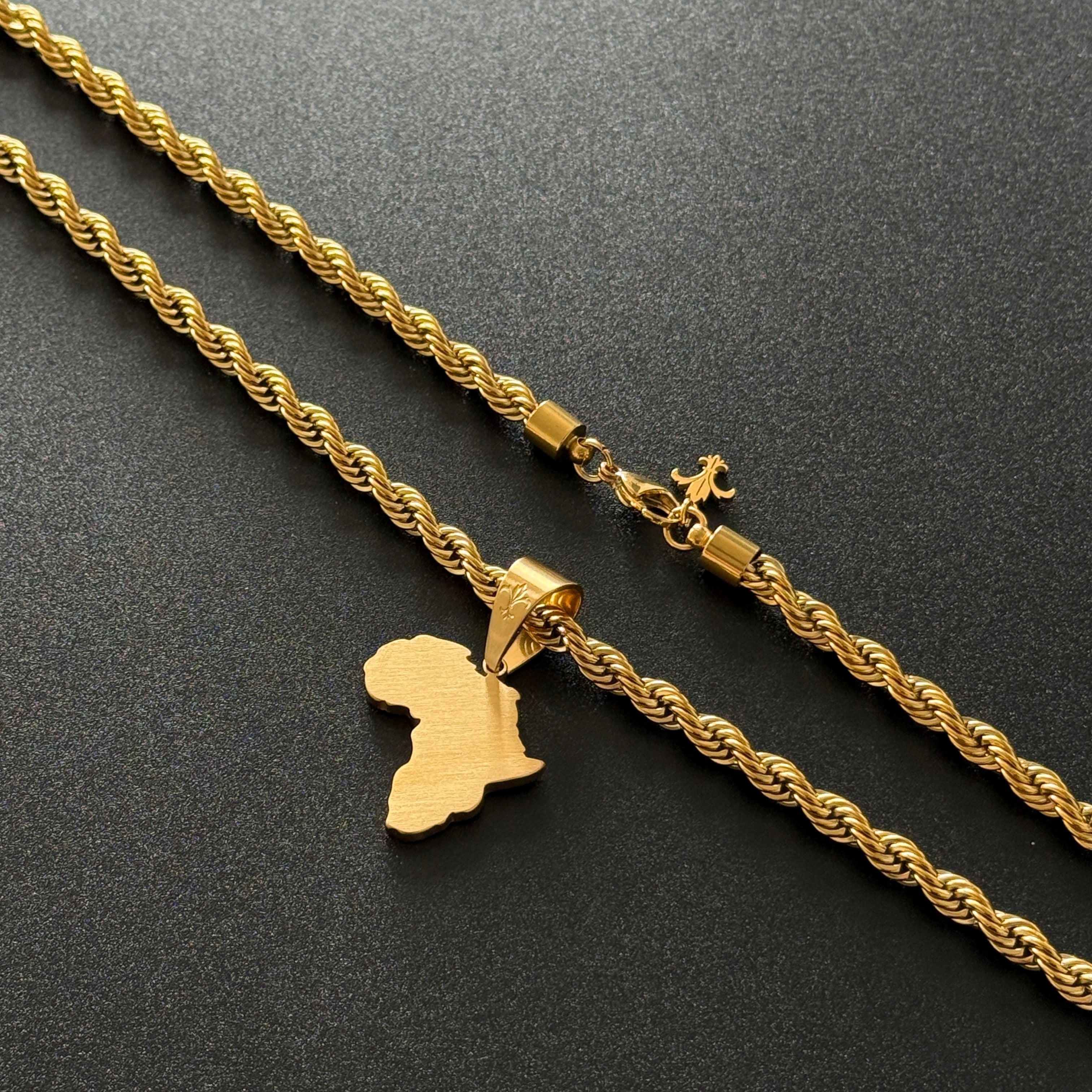 SET - L&T Kordelkette / Rope Chain 6mm breit + Africa Anhänger Matt aus Edelstahl zusätzlich 18 Karat Goldschicht vergoldet