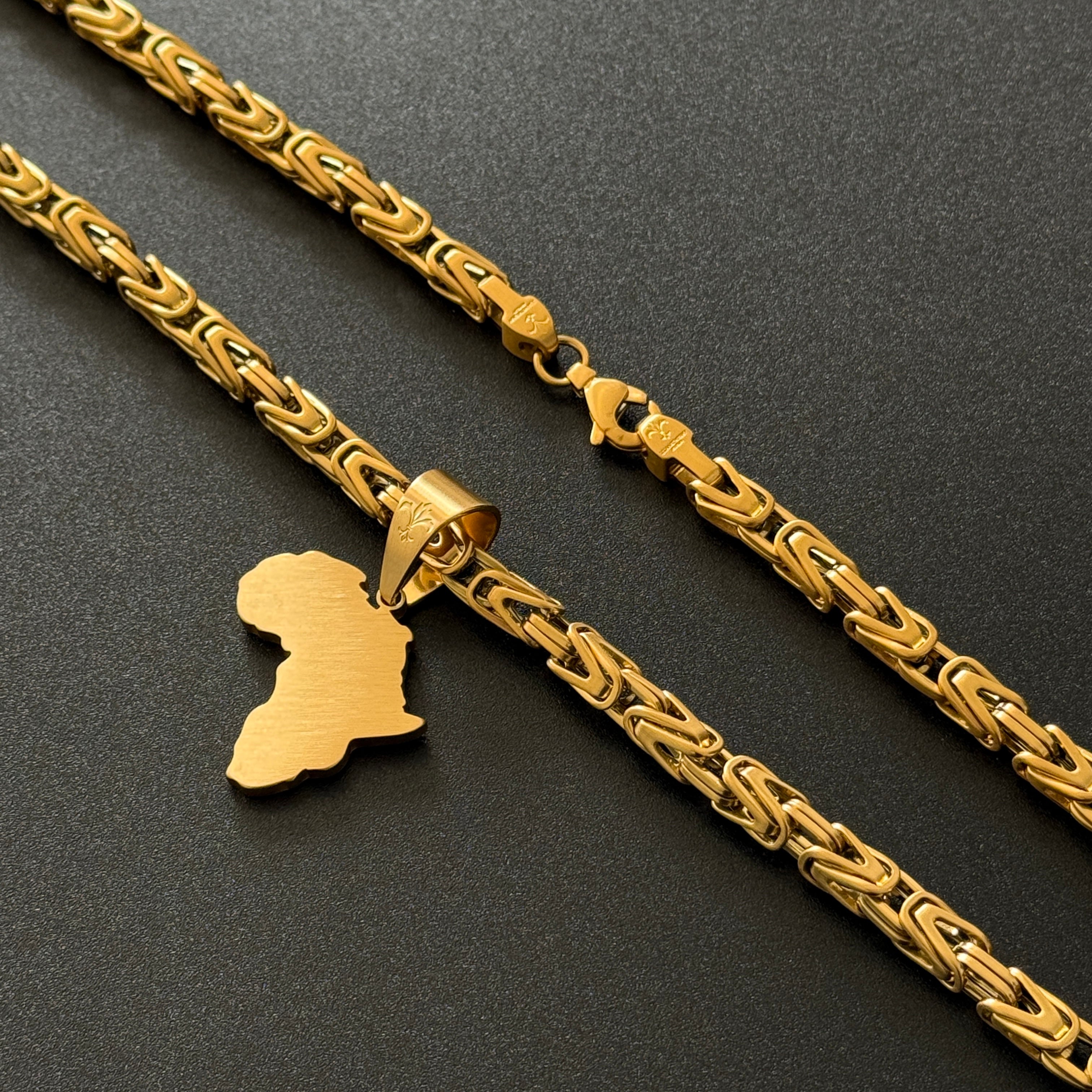 SET - L&T Königskette 5mm breit + Africa Anhänger Matt aus Edelstahl zusätzlich 24 Karat Goldschicht vergoldet