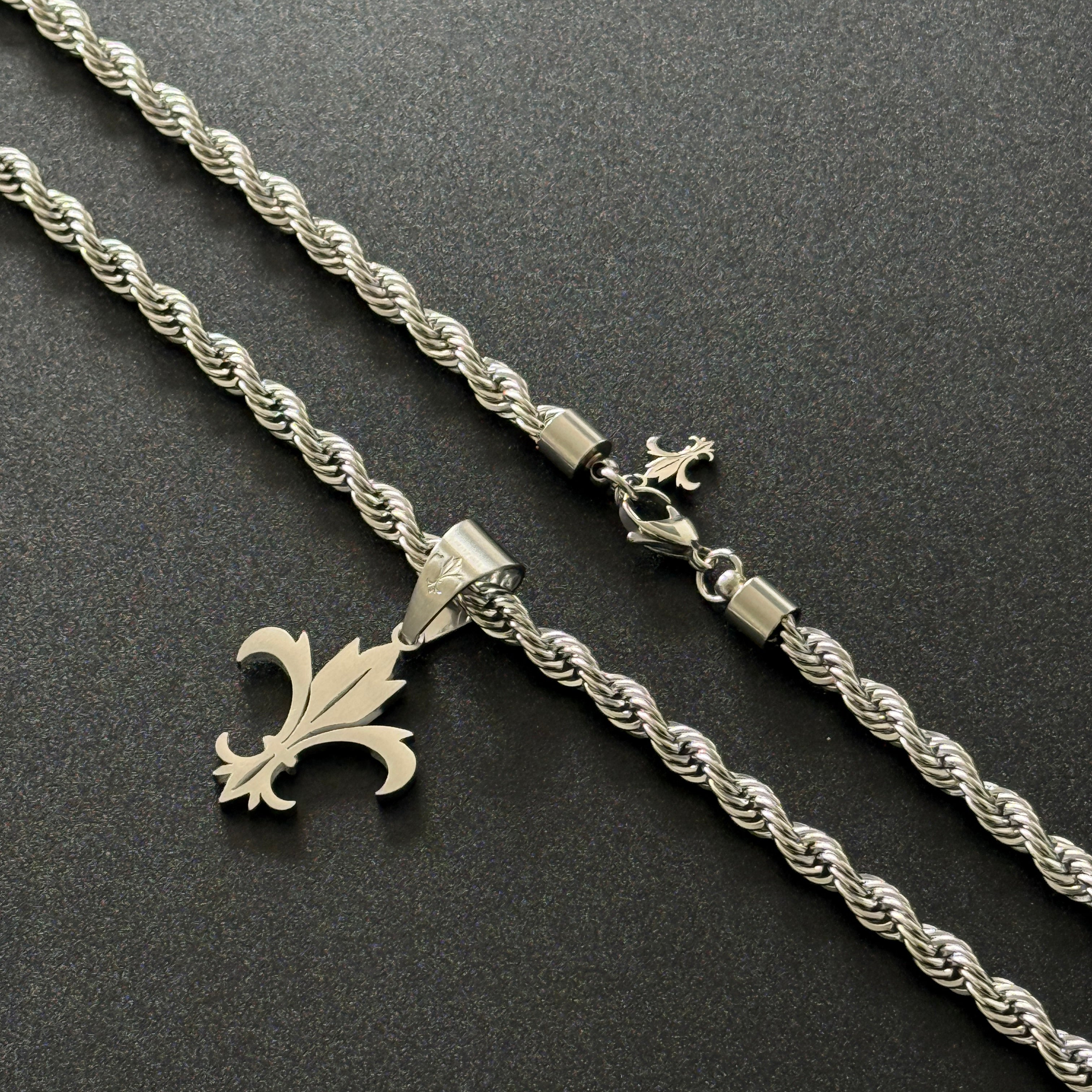 SET - L&T Kordelkette / Rope Chain 6mm breit + Fleur-de-Lis Anhänger Matt aus Edelstahl