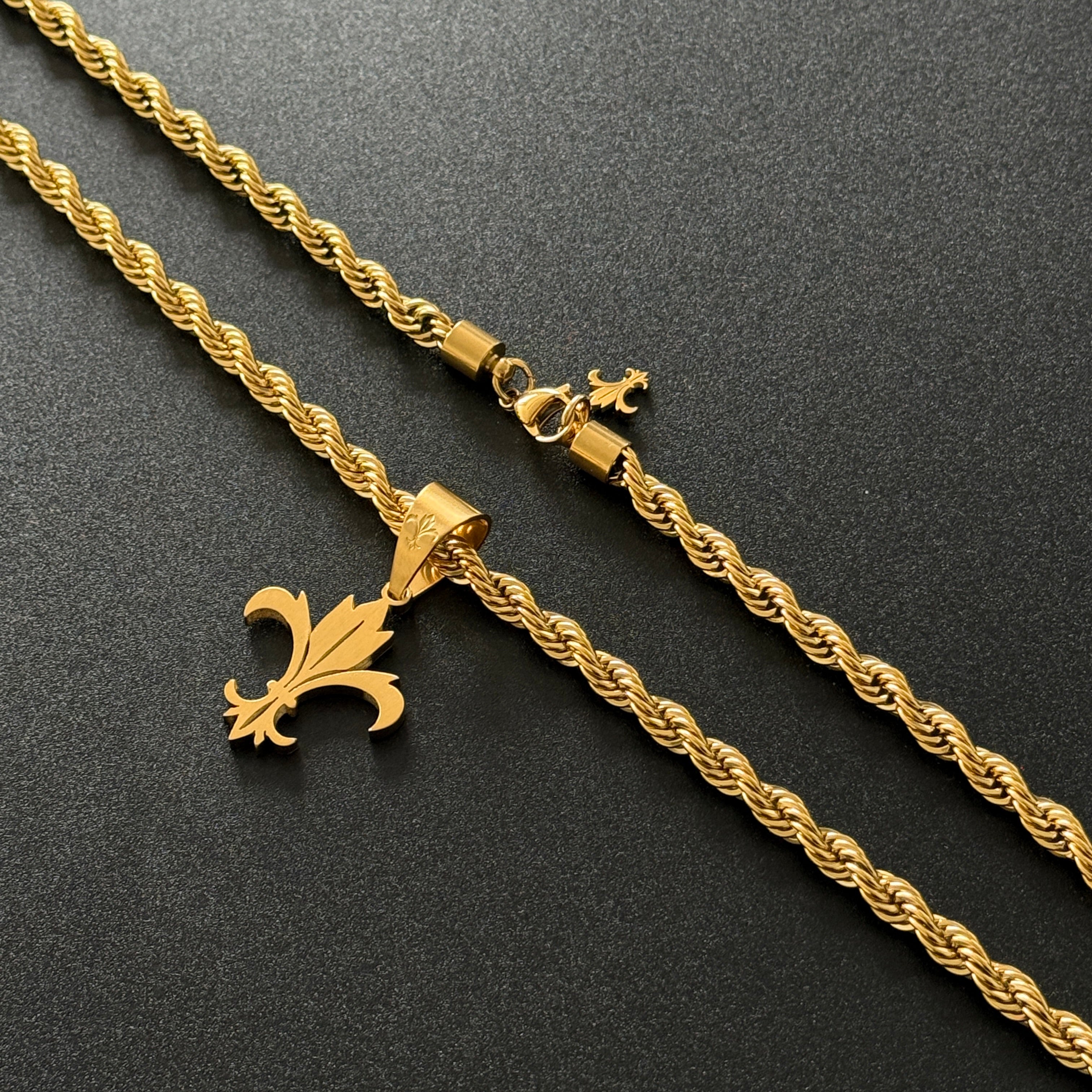 SET - L&T Kordelkette / Rope Chain 6mm breit + Fleur-de-Lis Anhänger Matt aus Edelstahl zusätzlich 24 Karat Goldschicht vergoldet