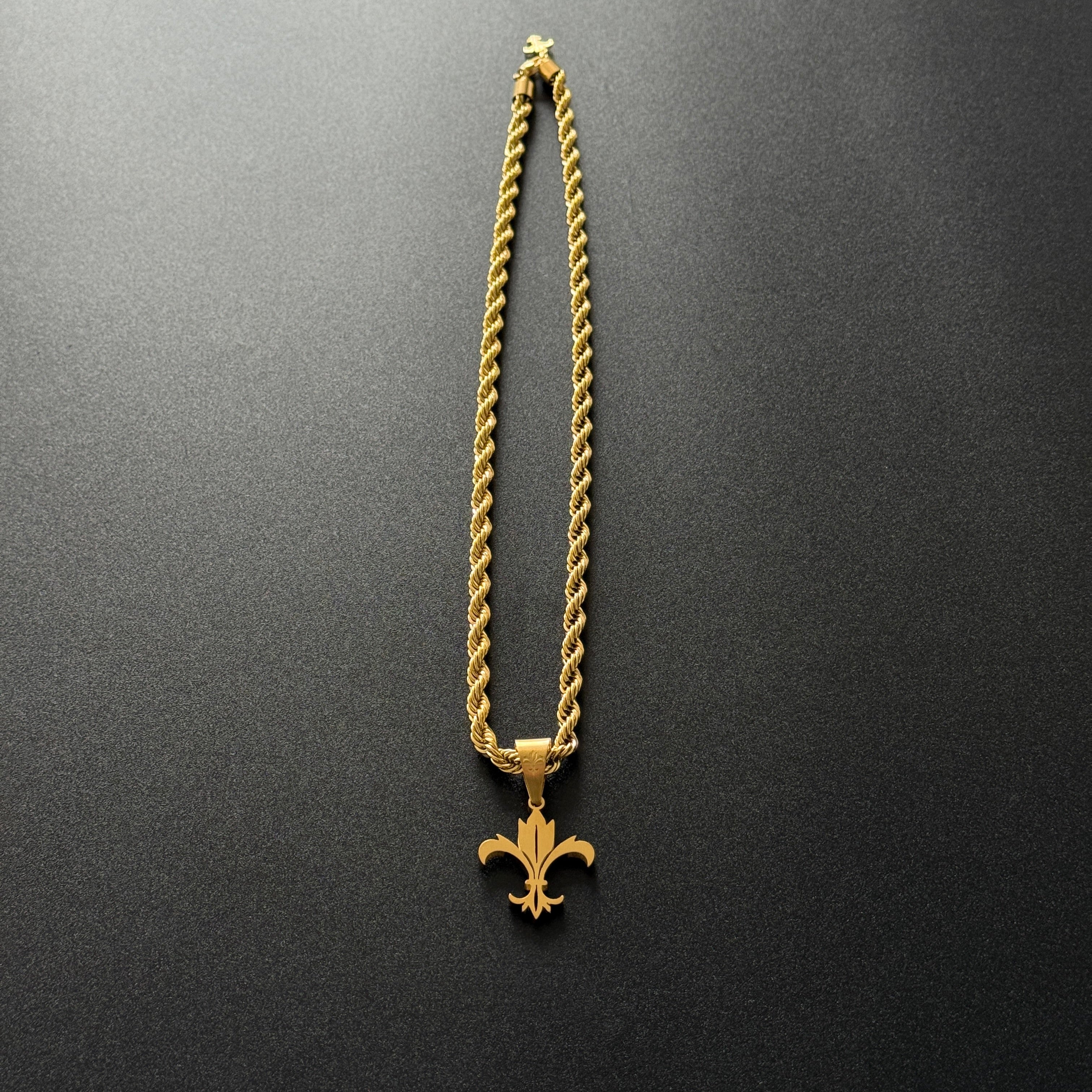 SET - L&T Kordelkette / Rope Chain 6mm breit + Fleur-de-Lis / Bosanac Anhänger Matt aus Edelstahl zusätzlich 18 Karat Goldschicht vergoldet