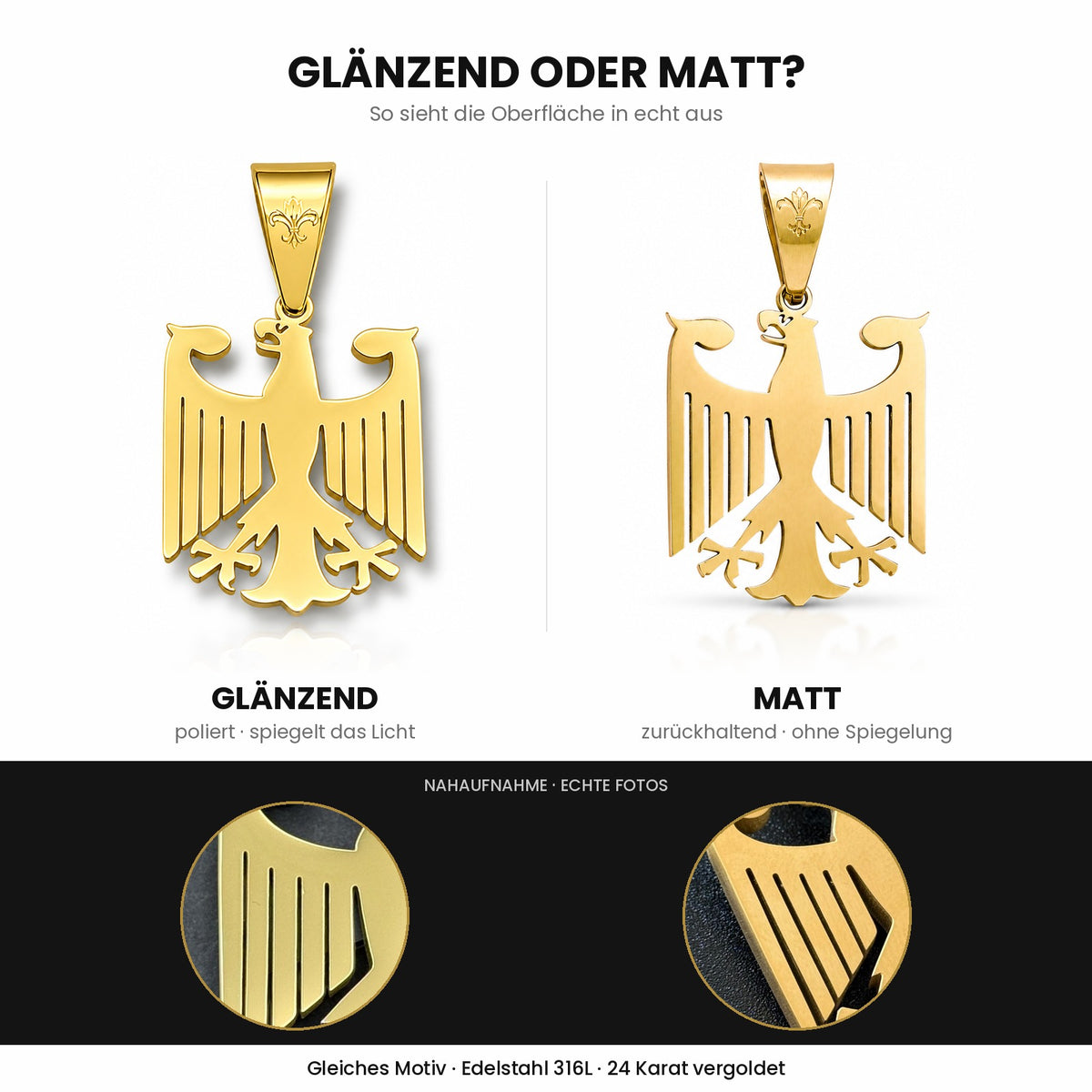 Deutschland Adler Anhänger glänzend vs. matt im Vergleich – Edelstahl 316L, 24 Karat vergoldet – Lilian&Thierry