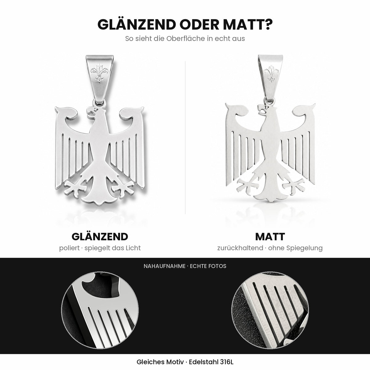 Deutschland Adler Anhänger glänzend vs. matt im Vergleich – Edelstahl 316L silber – Lilian&Thierry