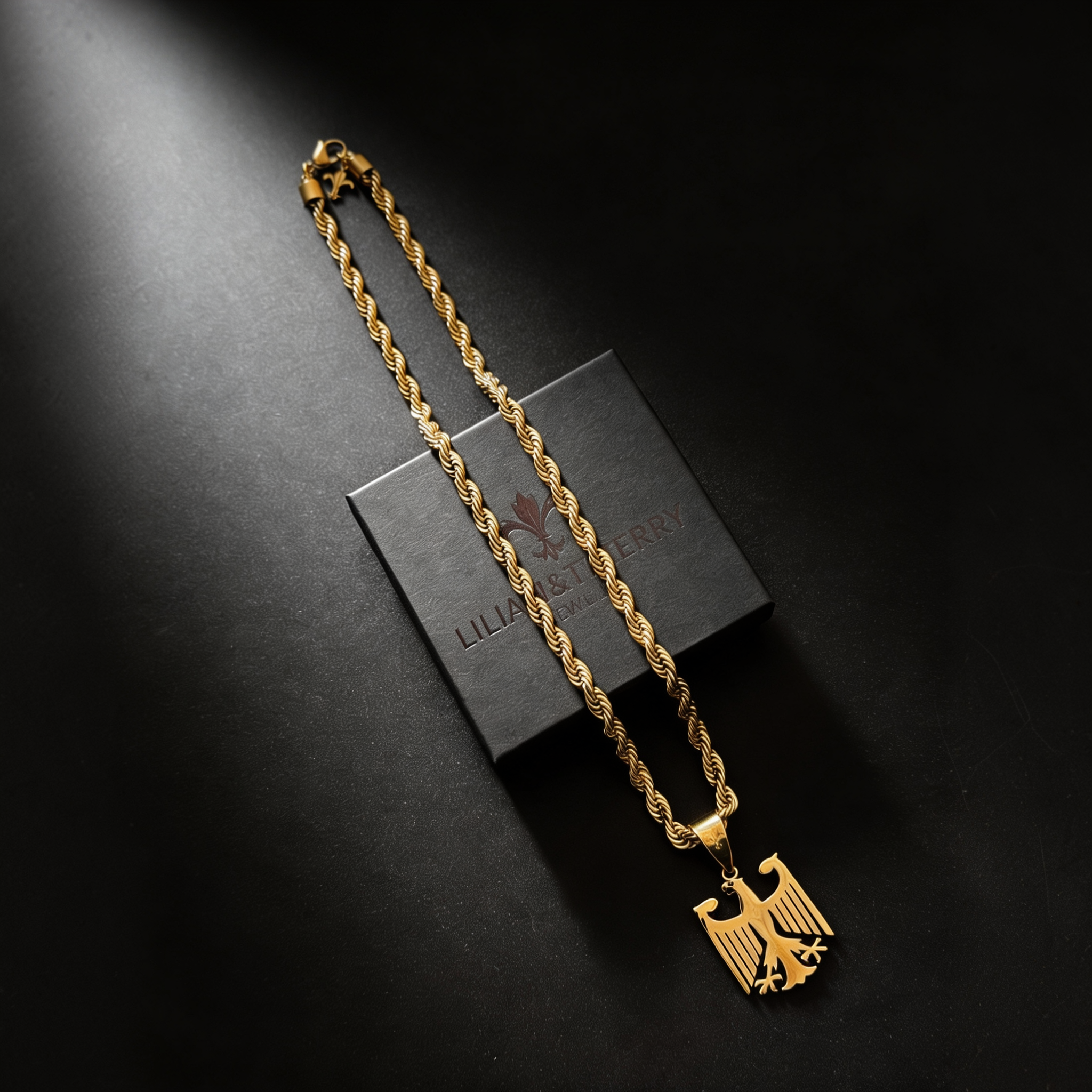 SET - L&T Kordelkette / Rope Chain 6mm breit + Deutschland Adler Anhänger aus Edelstahl zusätzlich 18 Karat Goldschicht vergoldet