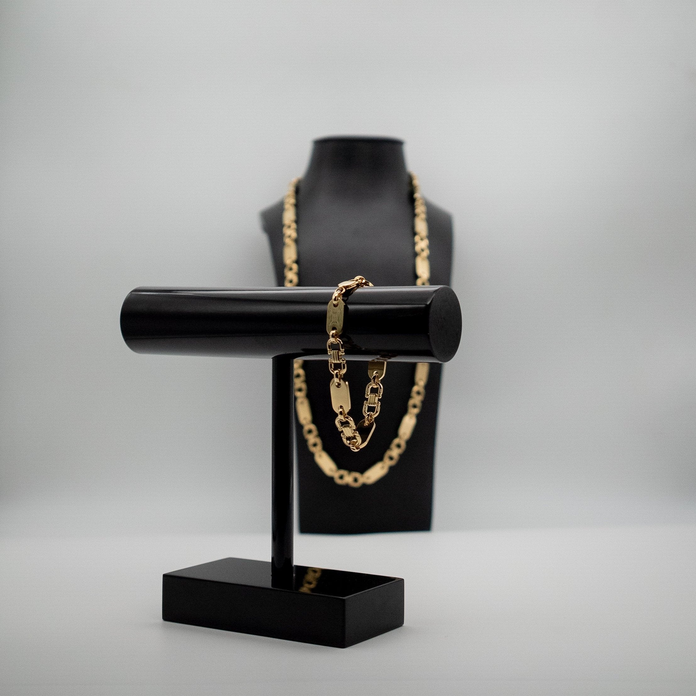 L&T Plattenkette 60cm 10mm + Armband 21cm 10mm aus Edelstahl zusätzlich mit 24 Karat Goldschicht vergoldet