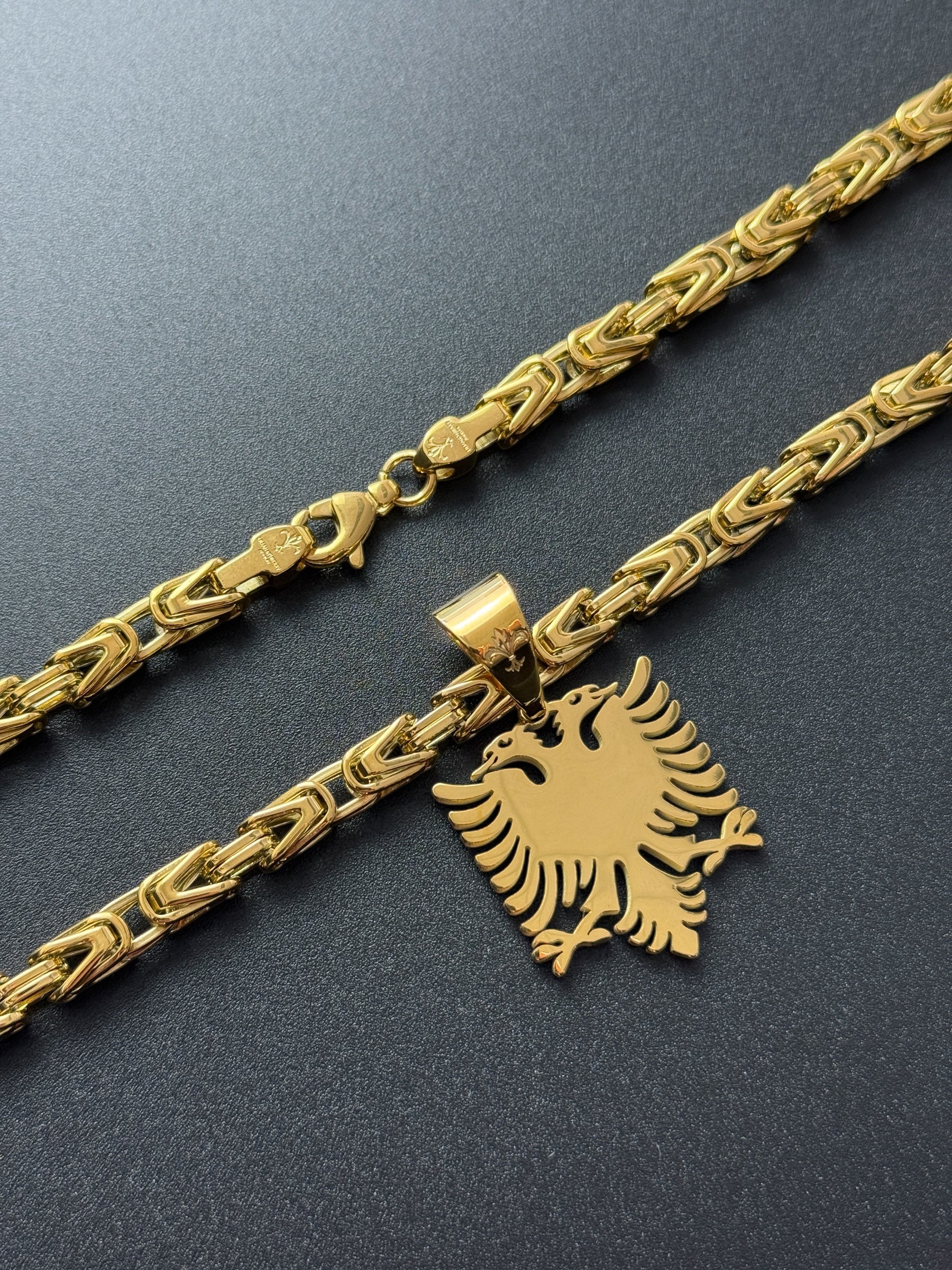 SET - L&T Königskette 5mm breit + Albanian/Shqiptar Adler Anhänger aus Edelstahl zusätzlich 24 Karat Goldschicht vergoldet