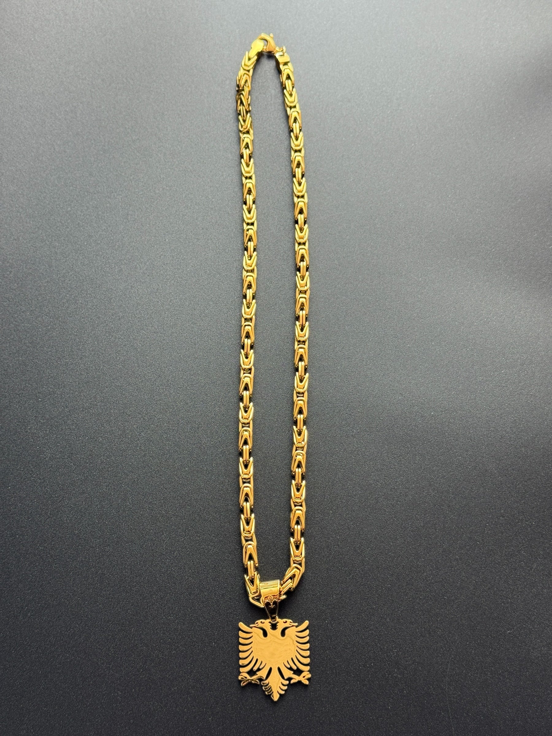 SET - L&T Königskette 5mm breit + Albanian/Shqiptar Adler Anhänger aus Edelstahl zusätzlich 24 Karat Goldschicht vergoldet