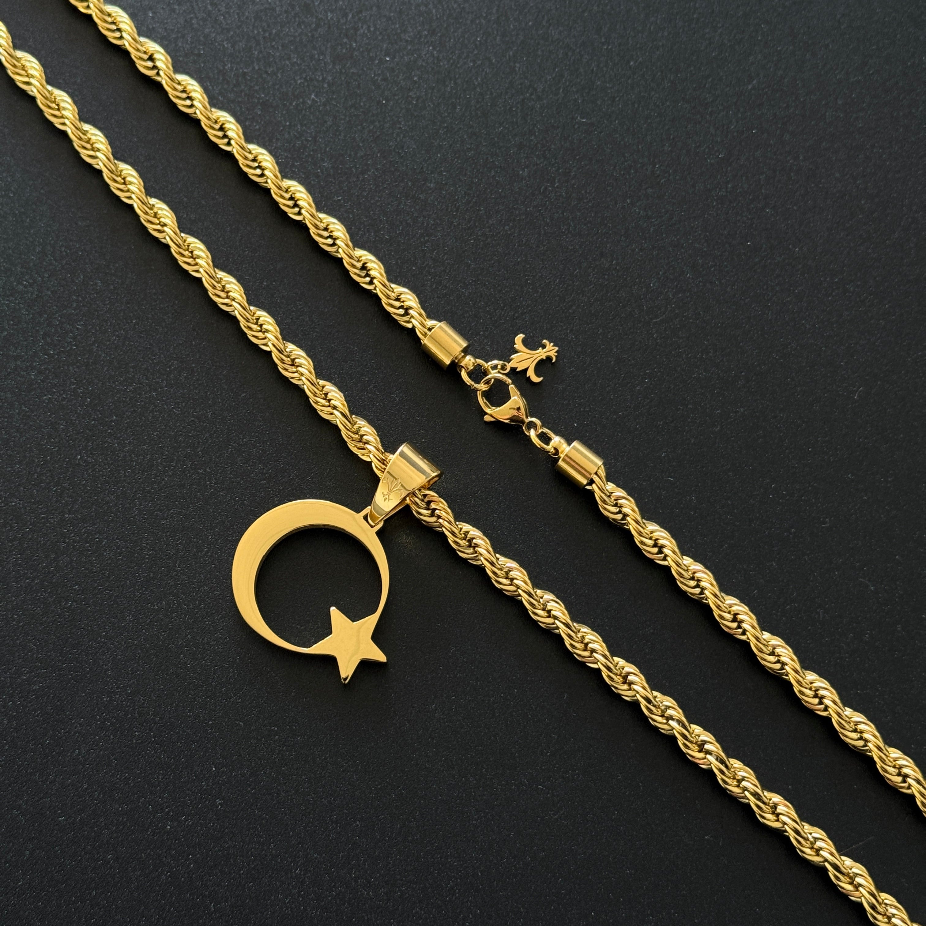 SET - L&T Kordelkette / Rope Chain 6mm breit + Türkiye/Türkei Anhänger aus Edelstahl zusätzlich 18 Karat Goldschicht vergoldet
