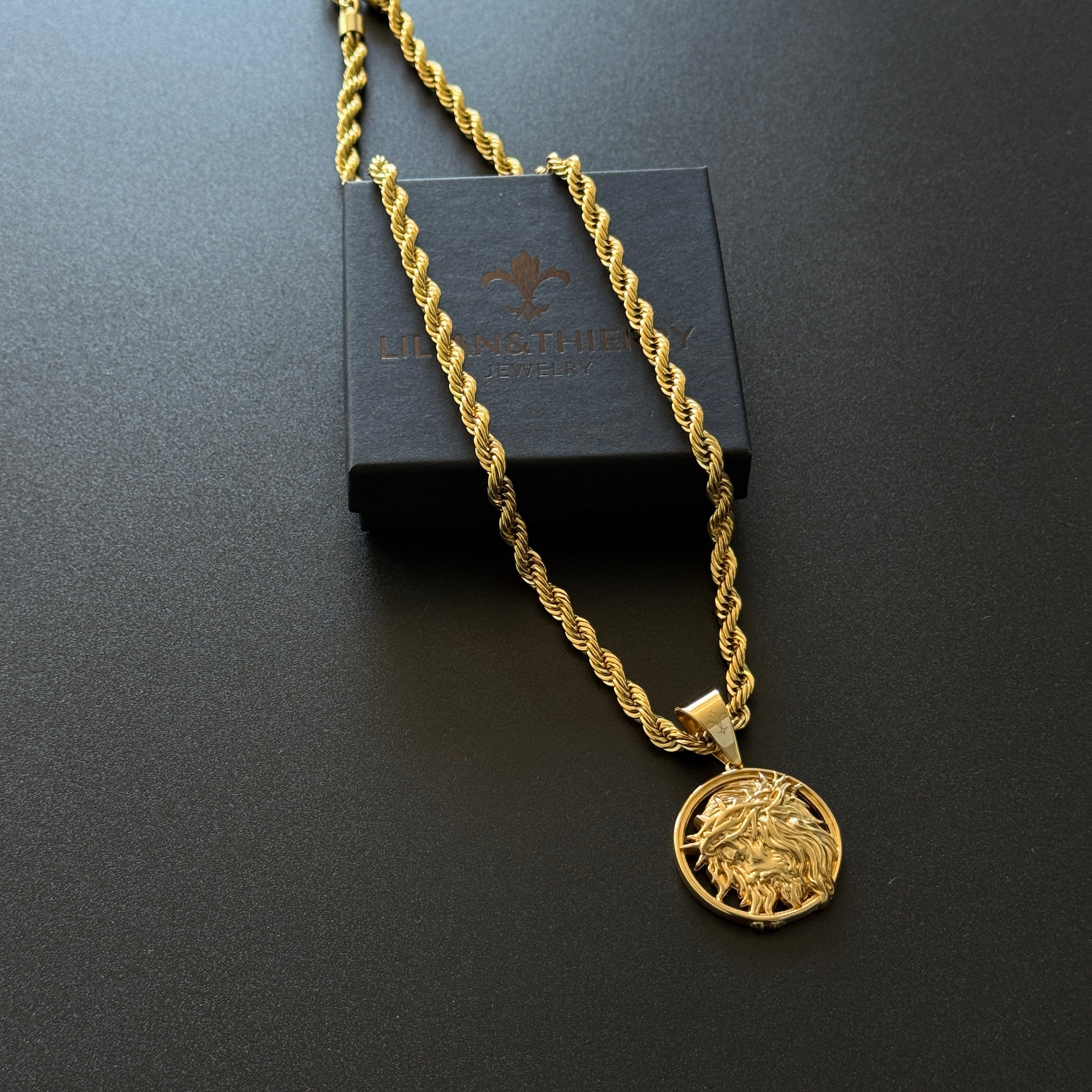 SET - L&T Kordelkette / Rope Chain 6mm breit + Jesus Anhänger aus Edelstahl zusätzlich 24 Karat Goldschicht vergoldet