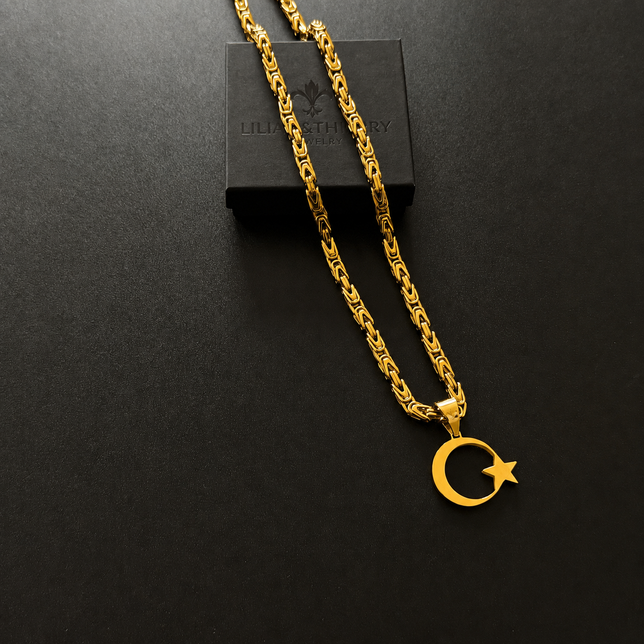 SET - L&T Königskette 5mm breit + Türkiye/Türkei Anhänger aus Edelstahl zusätzlich 24 Karat Goldschicht vergoldet