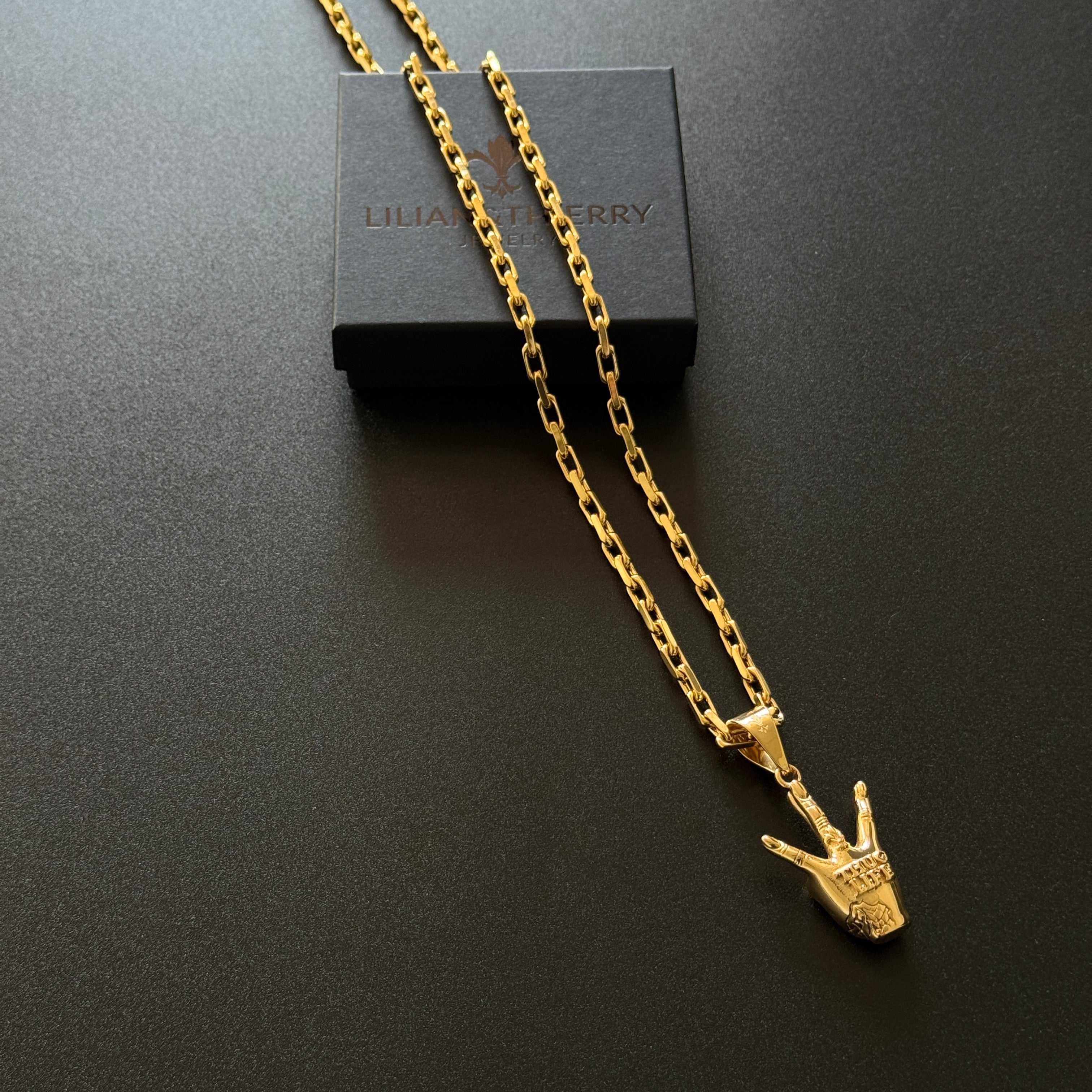 SET - L&T NOBLESSE Halskette 5mm breit + THUG LIFE Anhänger Edelstahl zusätzlich 18 Karat Goldschicht vergoldet