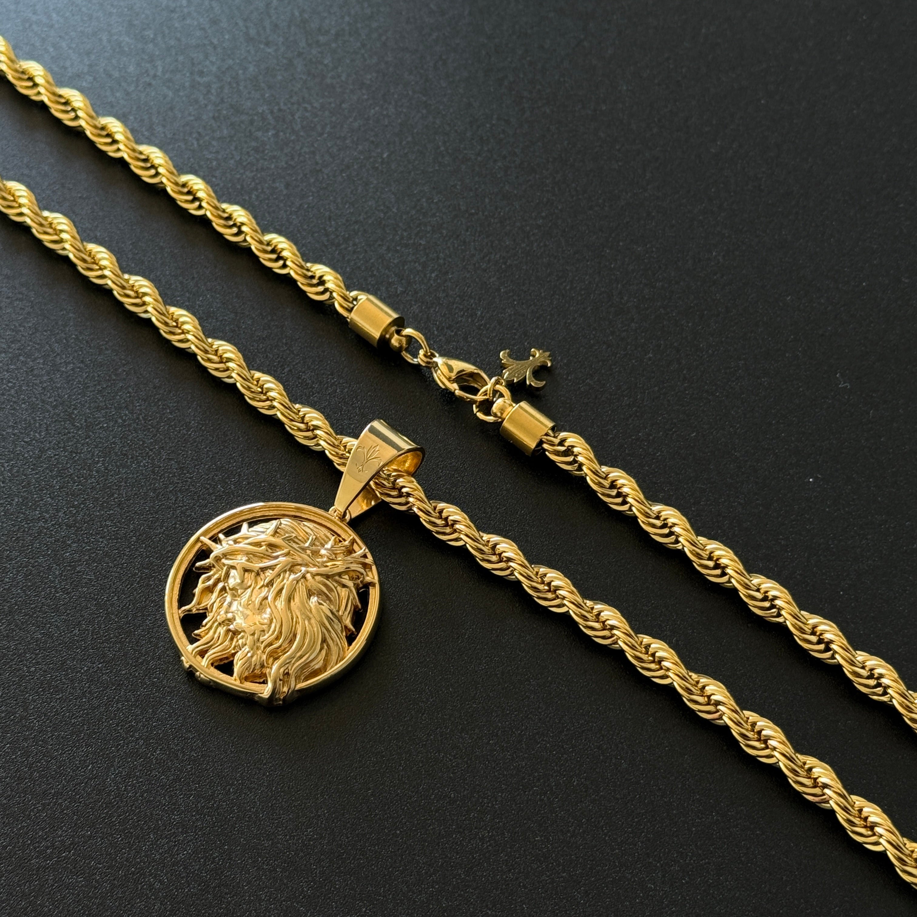 SET - L&T Kordelkette / Rope Chain 6mm breit + Jesus Anhänger aus Edelstahl zusätzlich 24 Karat Goldschicht vergoldet