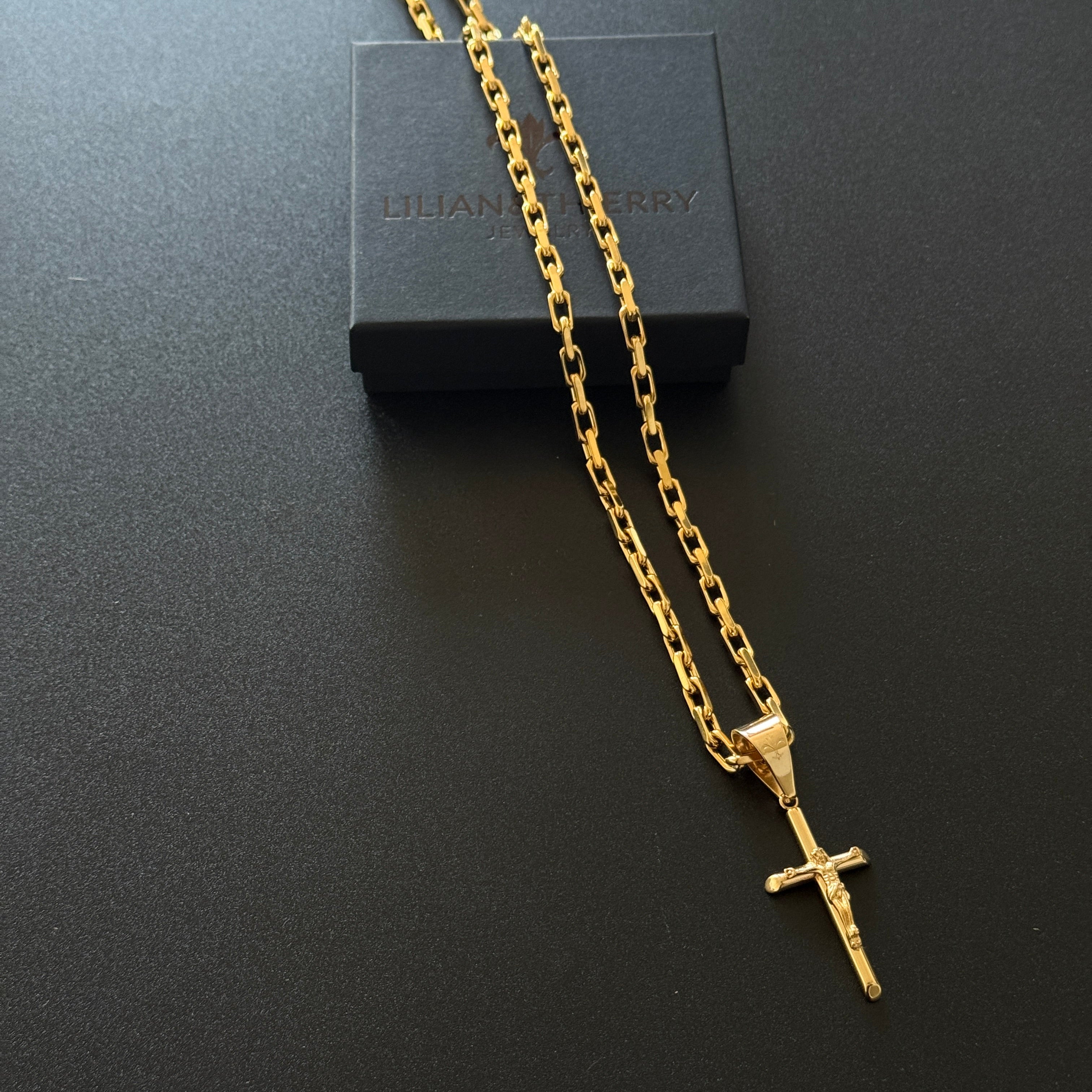 SET L&T NOBLESSE Halskette 5mm + KREUZ INRI breit Edelstahl zusätzlich 18 Karat Goldschicht vergoldet