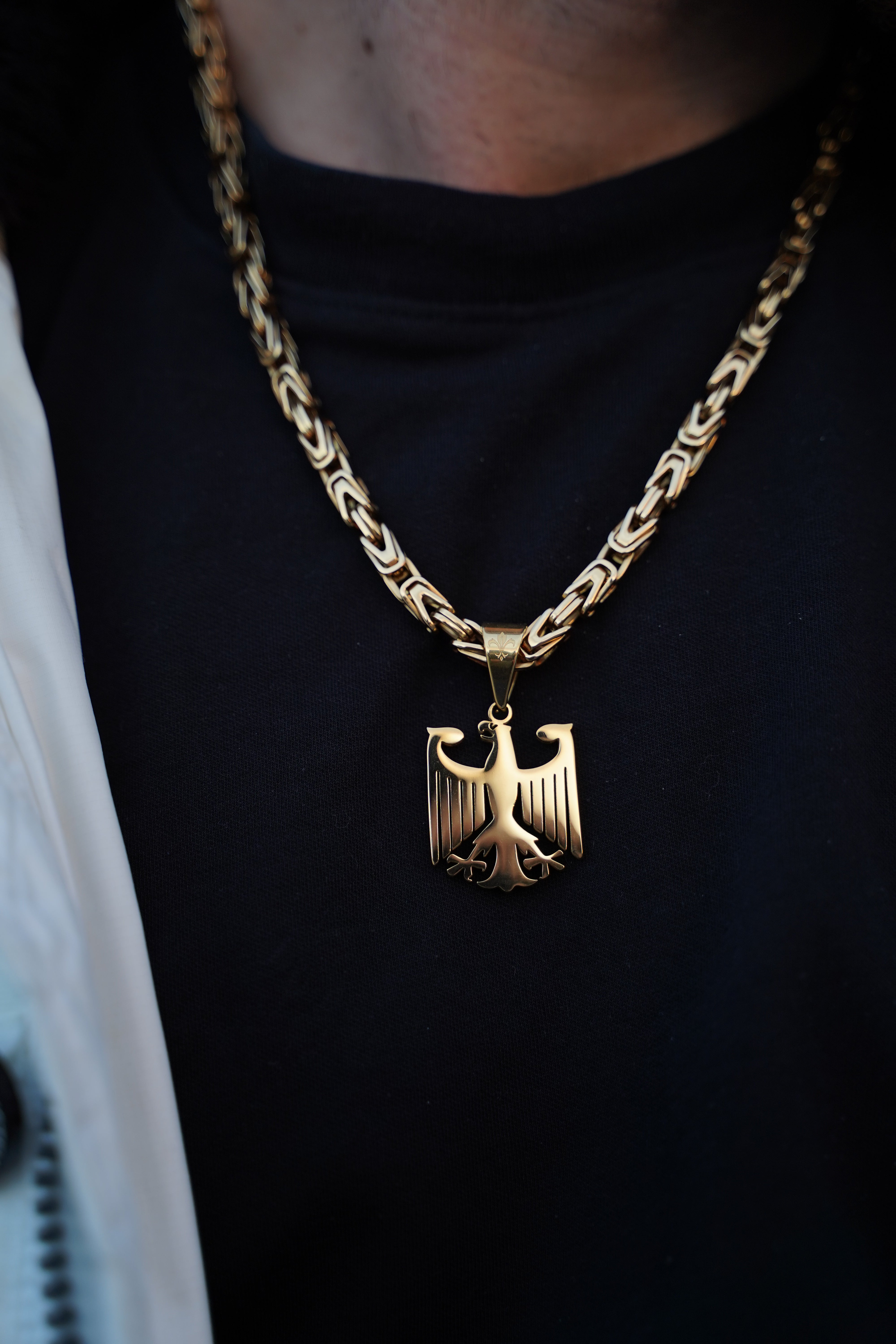 SET - L&T Königskette 5mm breit + Deutschland Adler Anhänger aus Edelstahl zusätzlich 24 Karat Goldschicht vergoldet